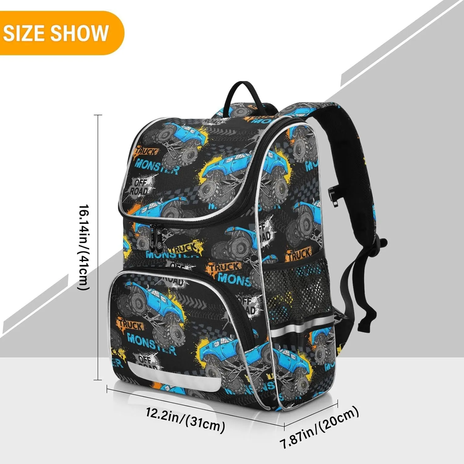 Backpack Monster Truck School Backpack Travel Hiking Large Capacity Causal Daypack Bookbag Laptop Schoolbag with Reflective Tape for Boys Girls Adults