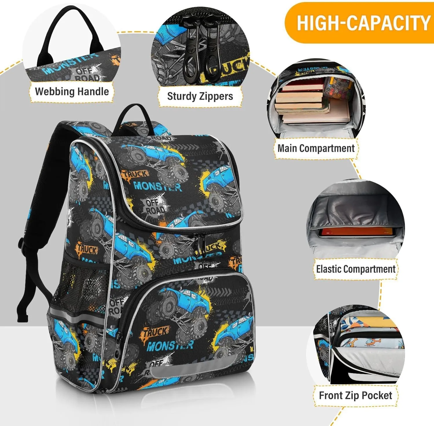 Backpack Monster Truck School Backpack Travel Hiking Large Capacity Causal Daypack Bookbag Laptop Schoolbag with Reflective Tape for Boys Girls Adults