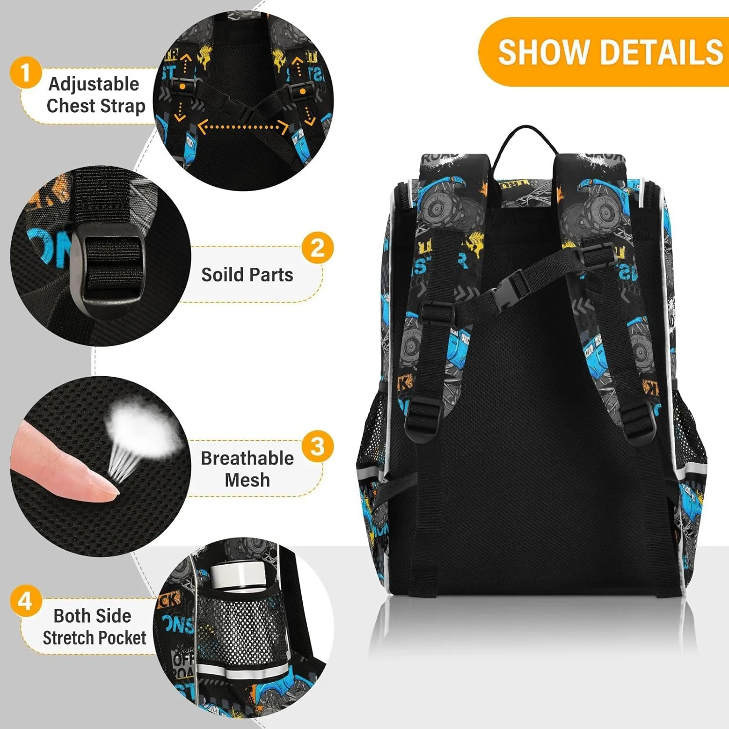 Backpack Monster Truck School Backpack Travel Hiking Large Capacity Causal Daypack Bookbag Laptop Schoolbag with Reflective Tape for Boys Girls Adults