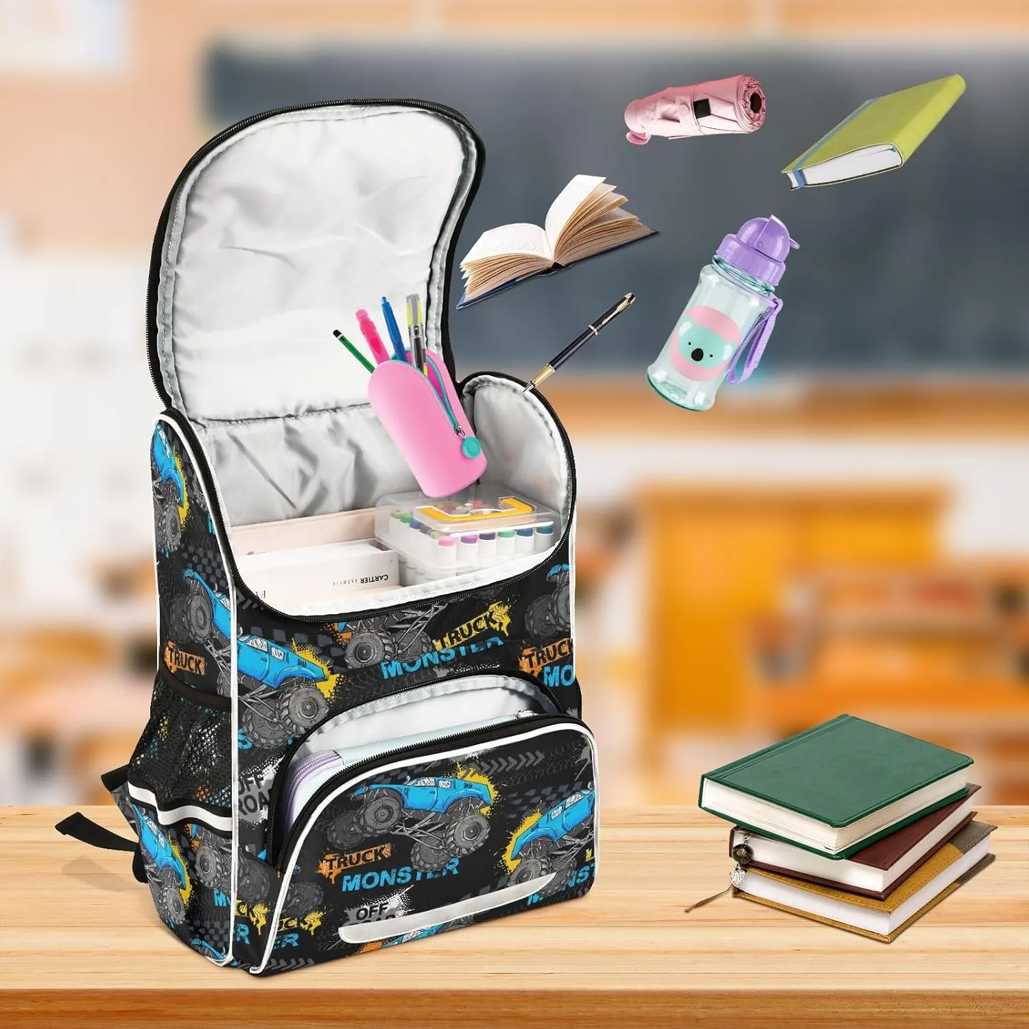 Backpack Monster Truck School Backpack Travel Hiking Large Capacity Causal Daypack Bookbag Laptop Schoolbag with Reflective Tape for Boys Girls Adults