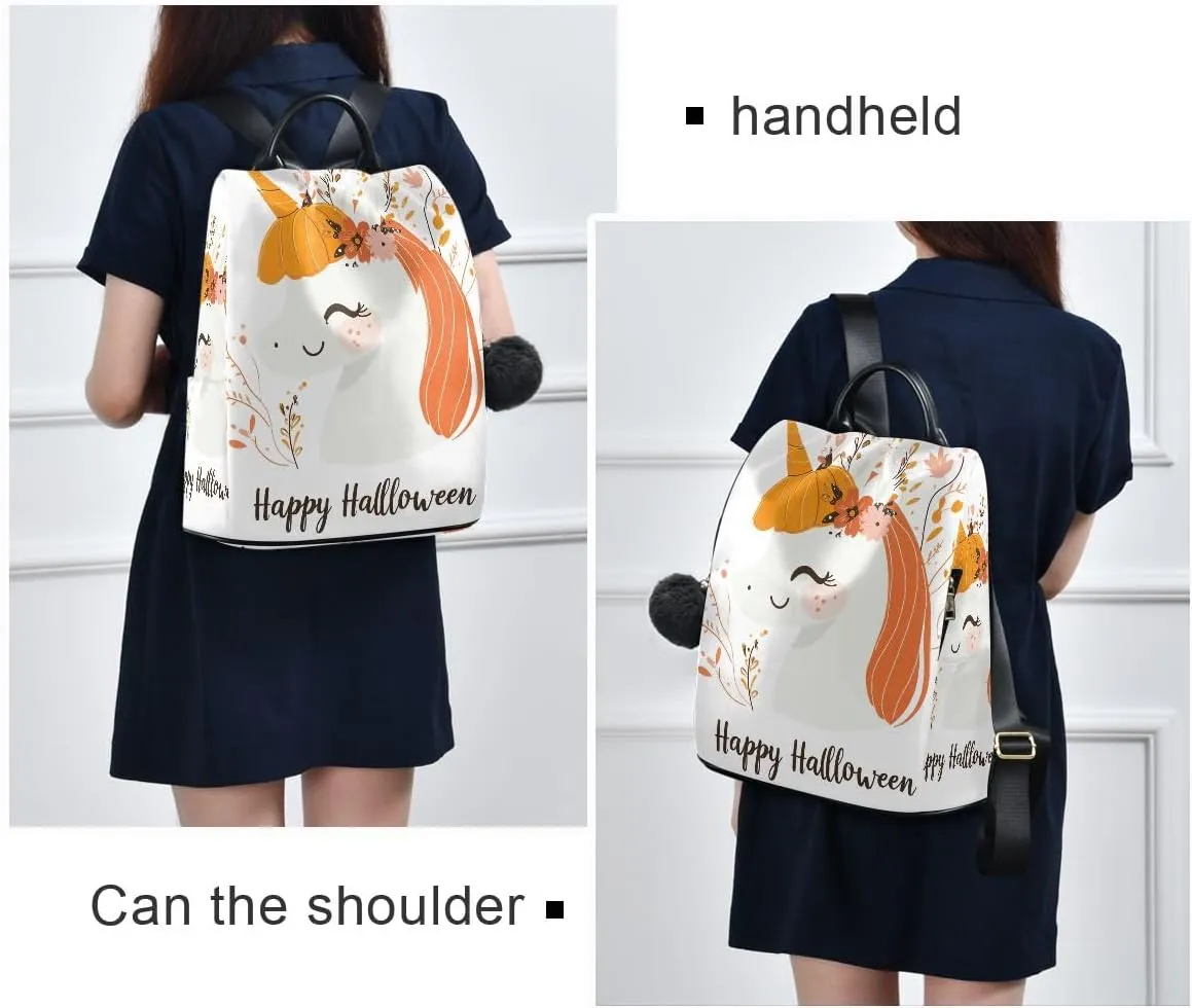 Backpack Purse for Women Cute Pumpkin Headed Unicorn Anti Theft Travel Bag Fashion Pompom Backpack for Hiking