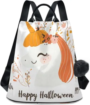 Backpack Purse for Women Cute Pumpkin Headed Unicorn Anti Theft Travel Bag Fashion Pompom Backpack for Hiking