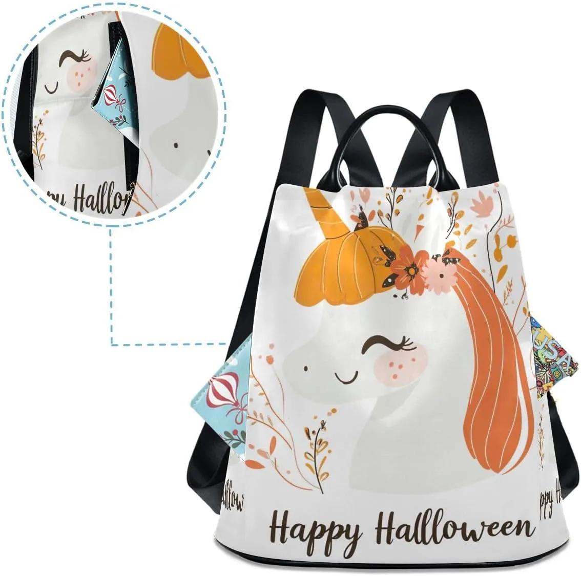 Backpack Purse for Women Cute Pumpkin Headed Unicorn Anti Theft Travel Bag Fashion Pompom Backpack for Hiking