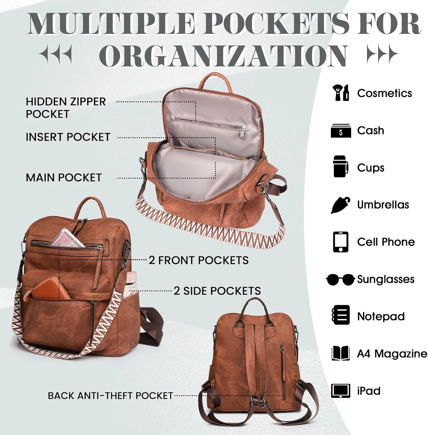 Backpack Purse for Women, PU Leather Back pack Purse, Multiple Pockets Lightweight Waterproof with Adjustable Straps, Women Backpack for Daily Work Travel, Brown