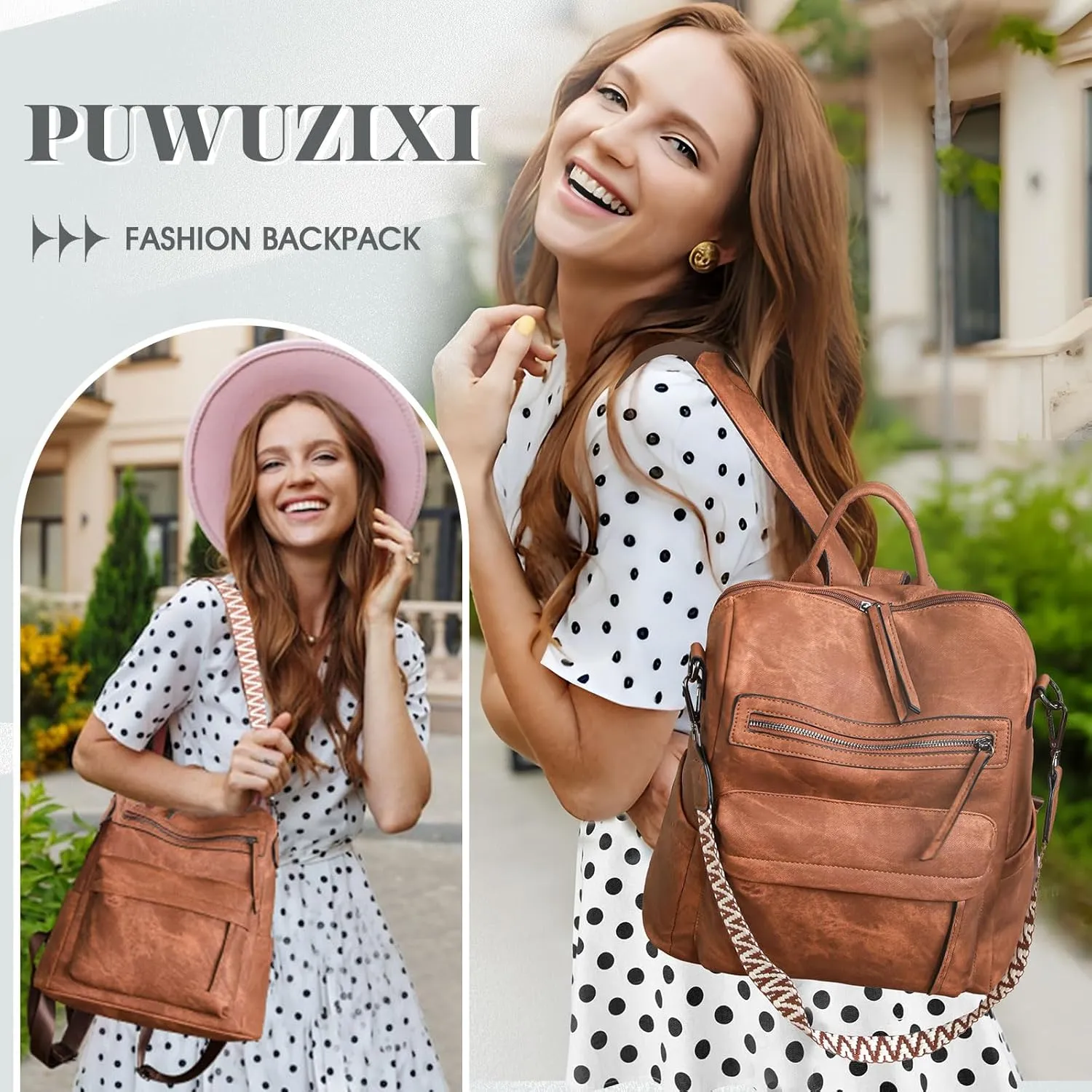 Backpack Purse for Women, PU Leather Back pack Purse, Multiple Pockets Lightweight Waterproof with Adjustable Straps, Women Backpack for Daily Work Travel, Brown