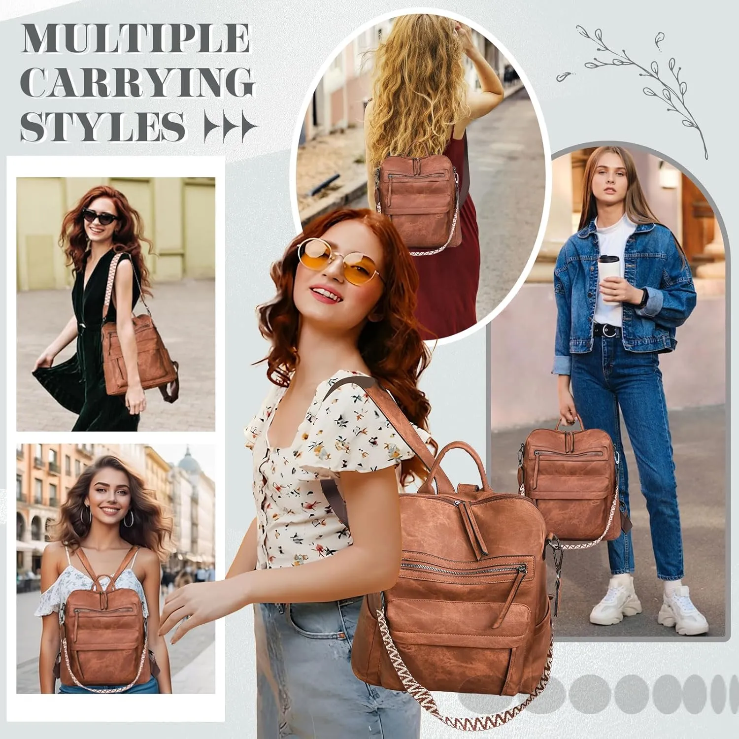Backpack Purse for Women, PU Leather Back pack Purse, Multiple Pockets Lightweight Waterproof with Adjustable Straps, Women Backpack for Daily Work Travel, Brown