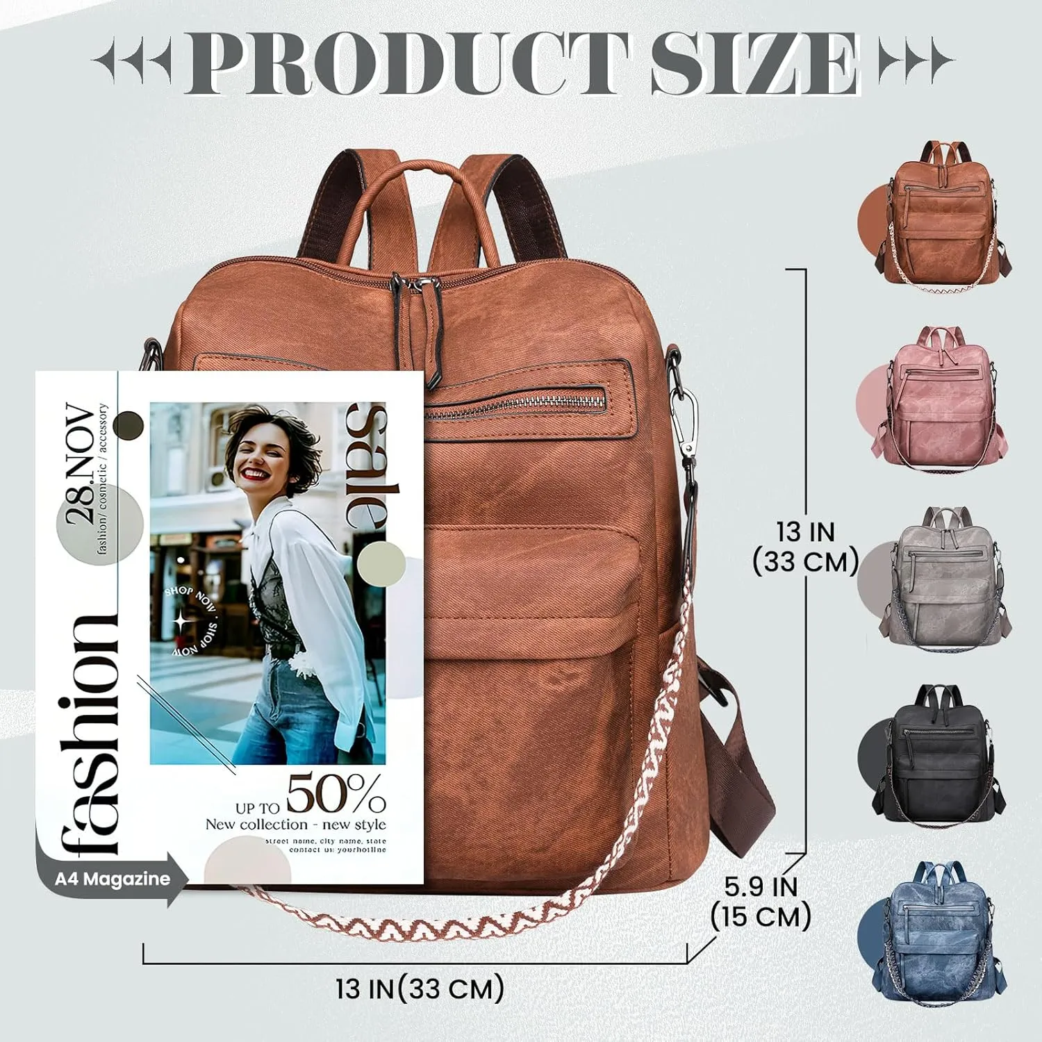 Backpack Purse for Women, PU Leather Back pack Purse, Multiple Pockets Lightweight Waterproof with Adjustable Straps, Women Backpack for Daily Work Travel, Brown