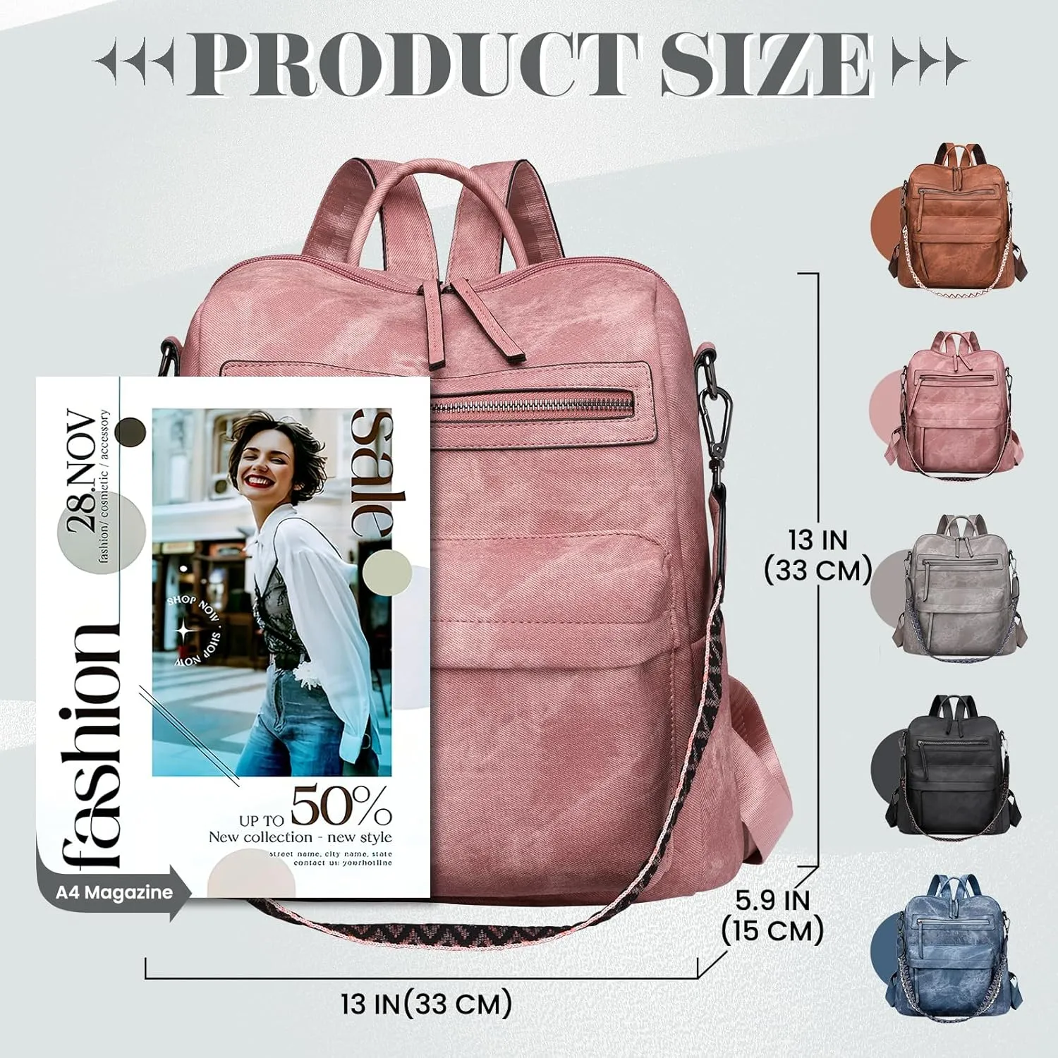 Backpack Purse for Women, PU Leather Backpack Purse, Multiple Pockets Anti Theft Back pack with Adjustable Straps, Women Back pack for Daily Work Travel, Pink