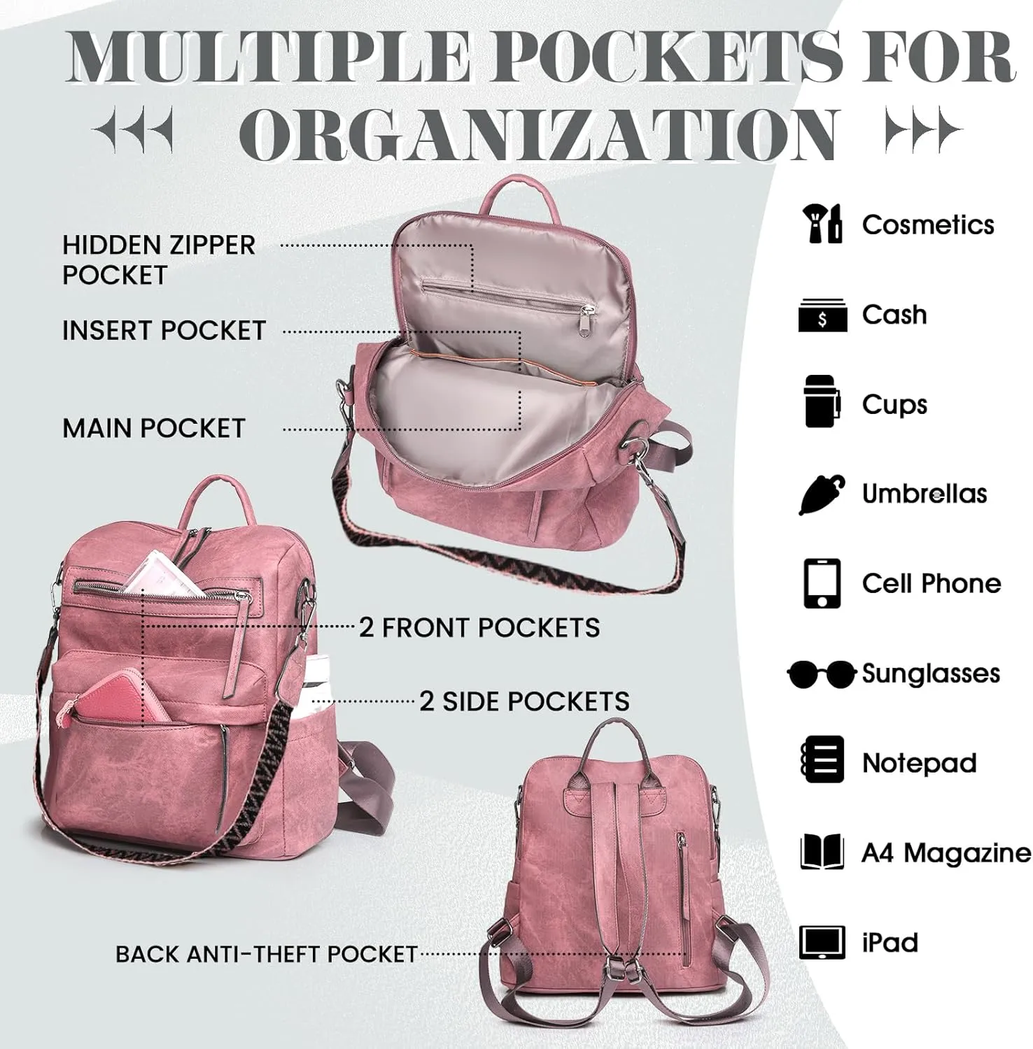 Backpack Purse for Women, PU Leather Backpack Purse, Multiple Pockets Anti Theft Back pack with Adjustable Straps, Women Back pack for Daily Work Travel, Pink