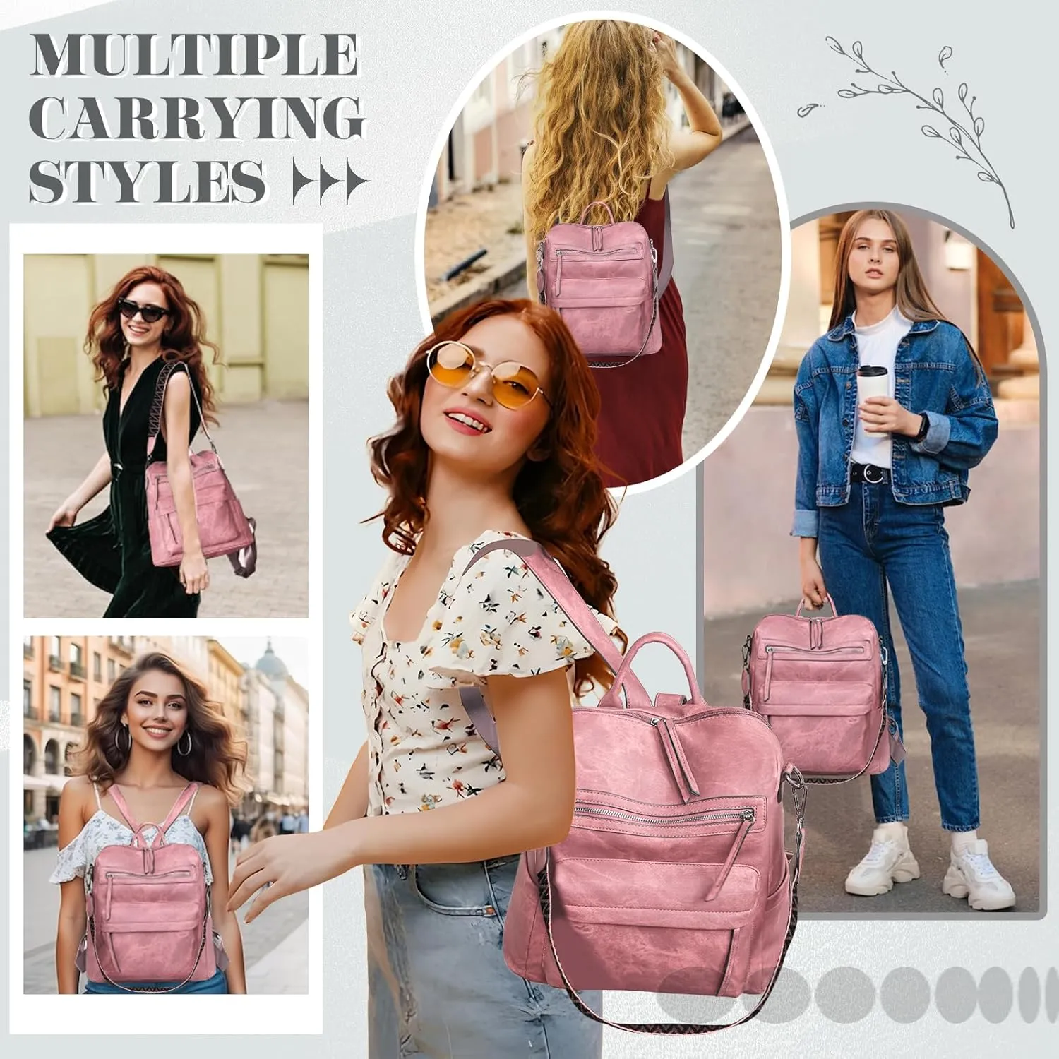 Backpack Purse for Women, PU Leather Backpack Purse, Multiple Pockets Anti Theft Back pack with Adjustable Straps, Women Back pack for Daily Work Travel, Pink