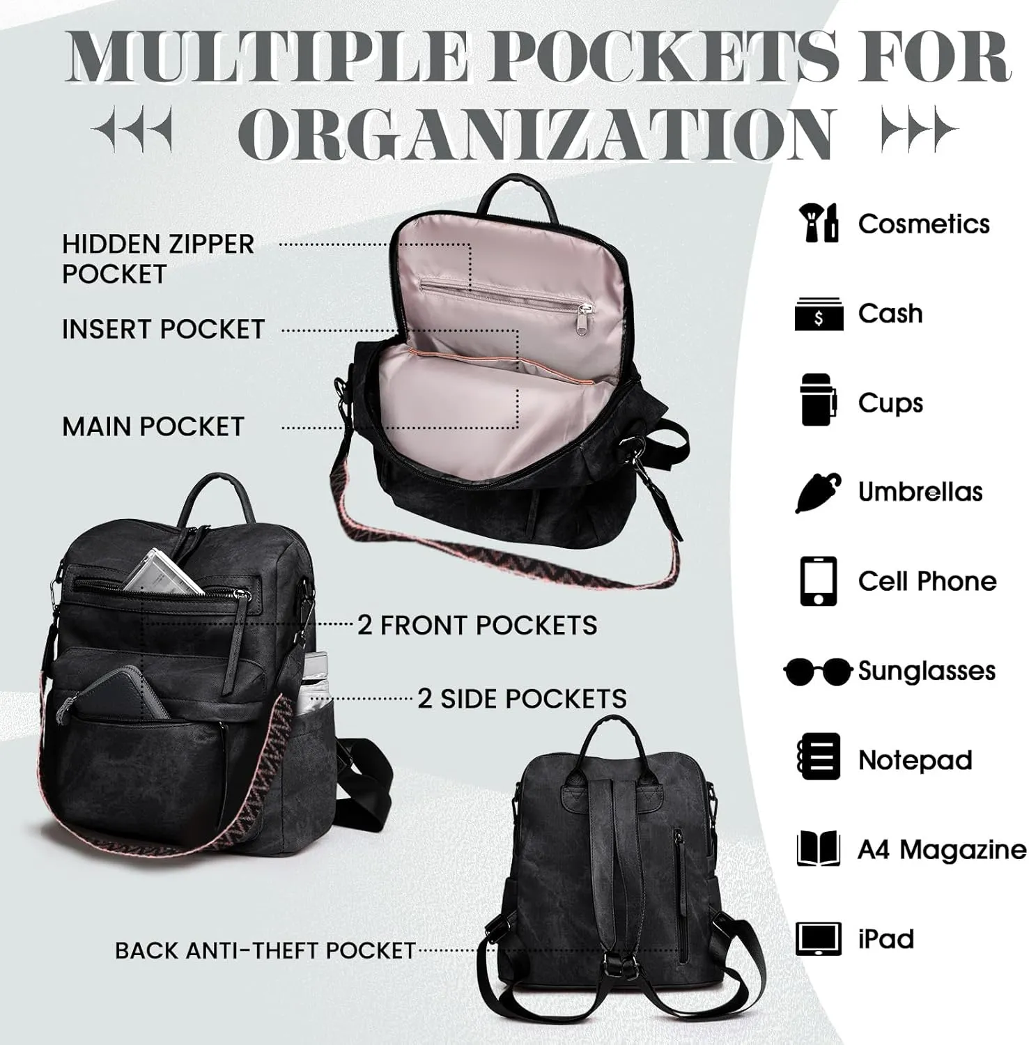Backpack Purse for Women, PU Leather Backpack Purse, Multiple Pockets Anti Theft Back pack with Adjustable Straps, Women Shoulder Bag for Daily Work Travel, Black