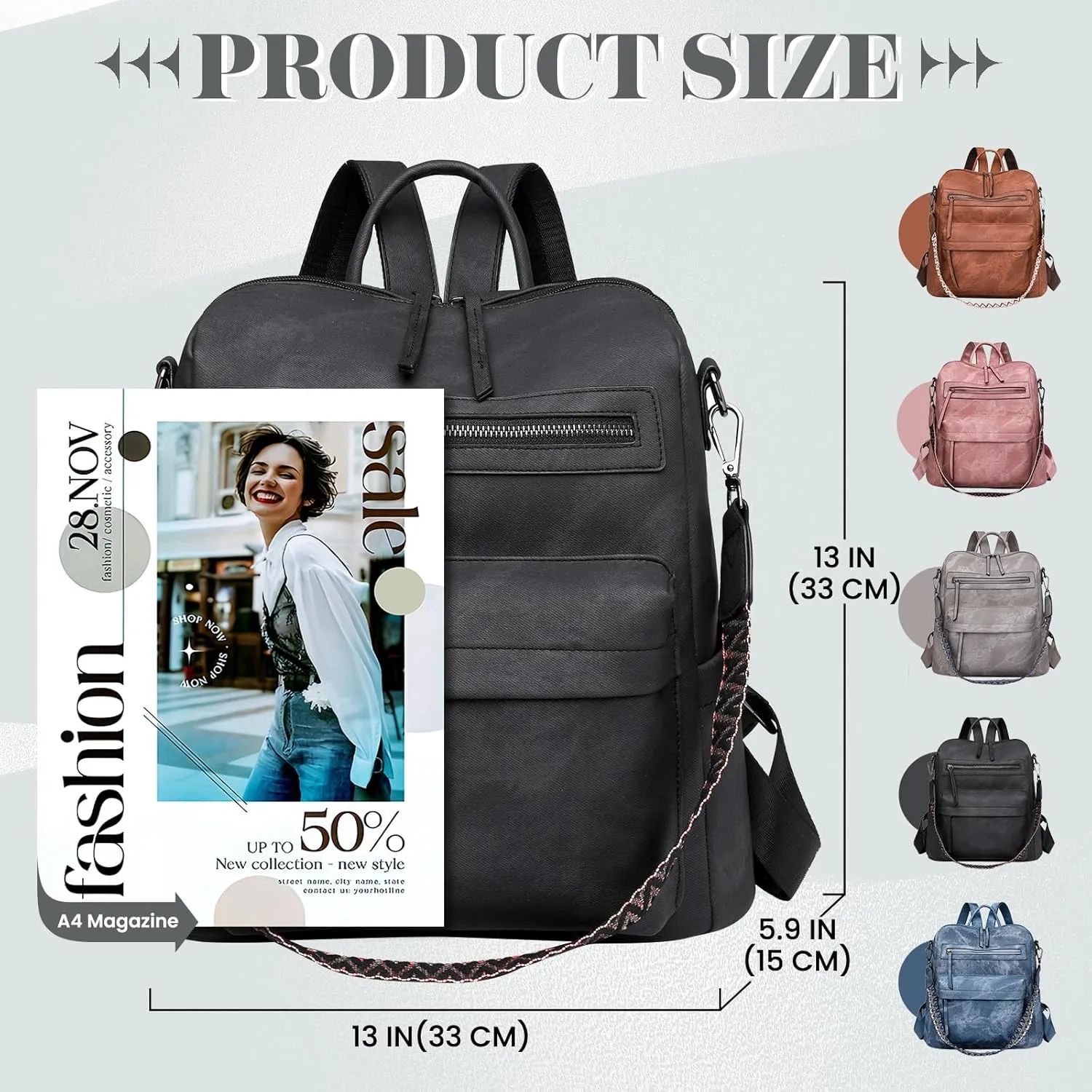 Backpack Purse for Women, PU Leather Backpack Purse, Multiple Pockets Anti Theft Back pack with Adjustable Straps, Women Shoulder Bag for Daily Work Travel, Black