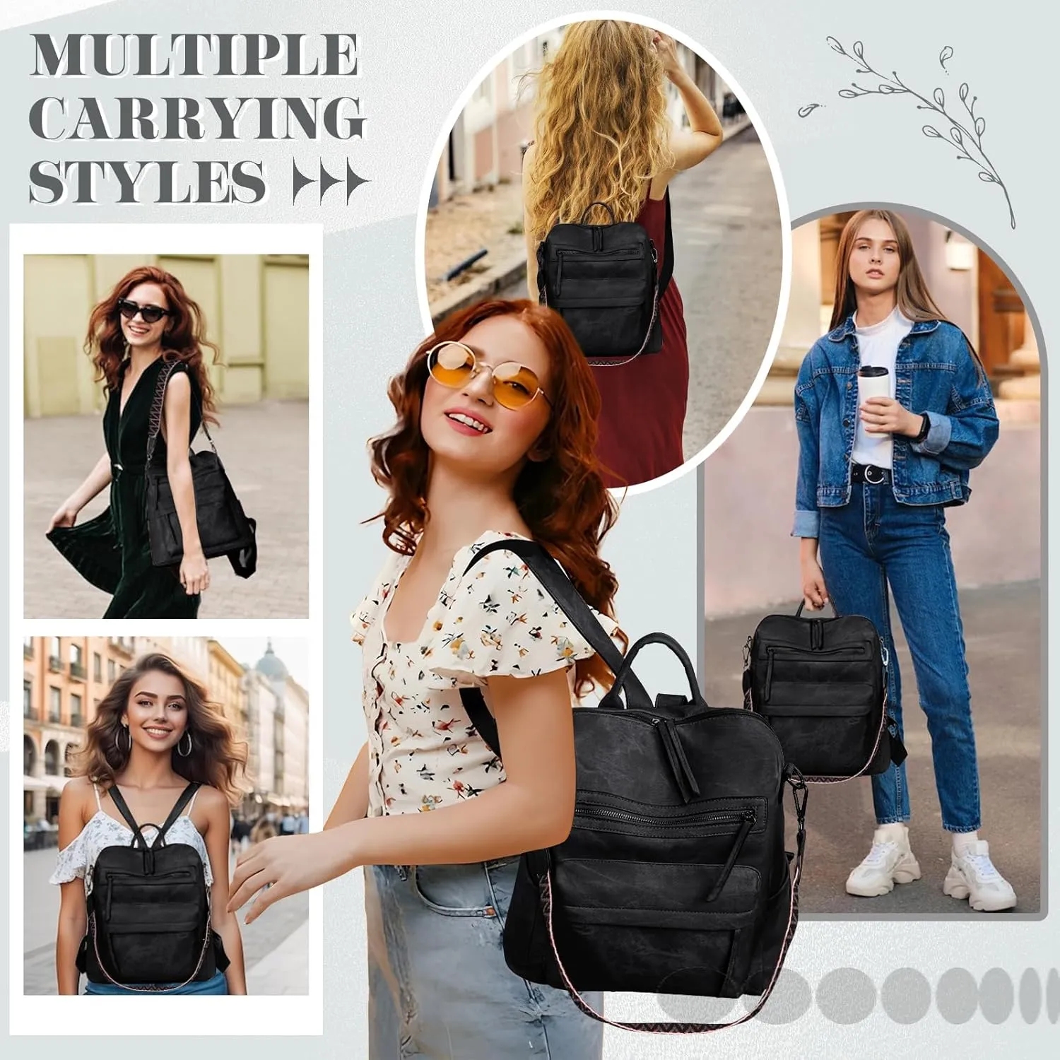 Backpack Purse for Women, PU Leather Backpack Purse, Multiple Pockets Anti Theft Back pack with Adjustable Straps, Women Shoulder Bag for Daily Work Travel, Black