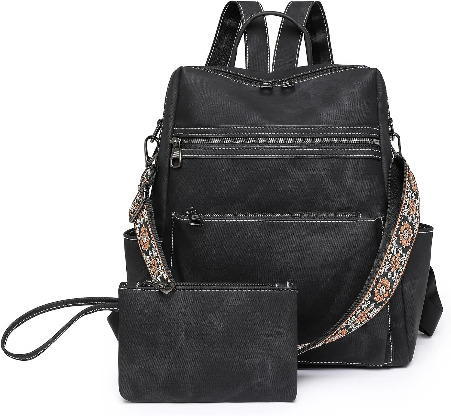 Backpack Purse for Women, PU Leather Backpack Purse, Waterproof Anti-Theft Women Back pack, Fashion Multi-Pocket Travel Backpack Shoulder Bag Handbag With Clutch, Black