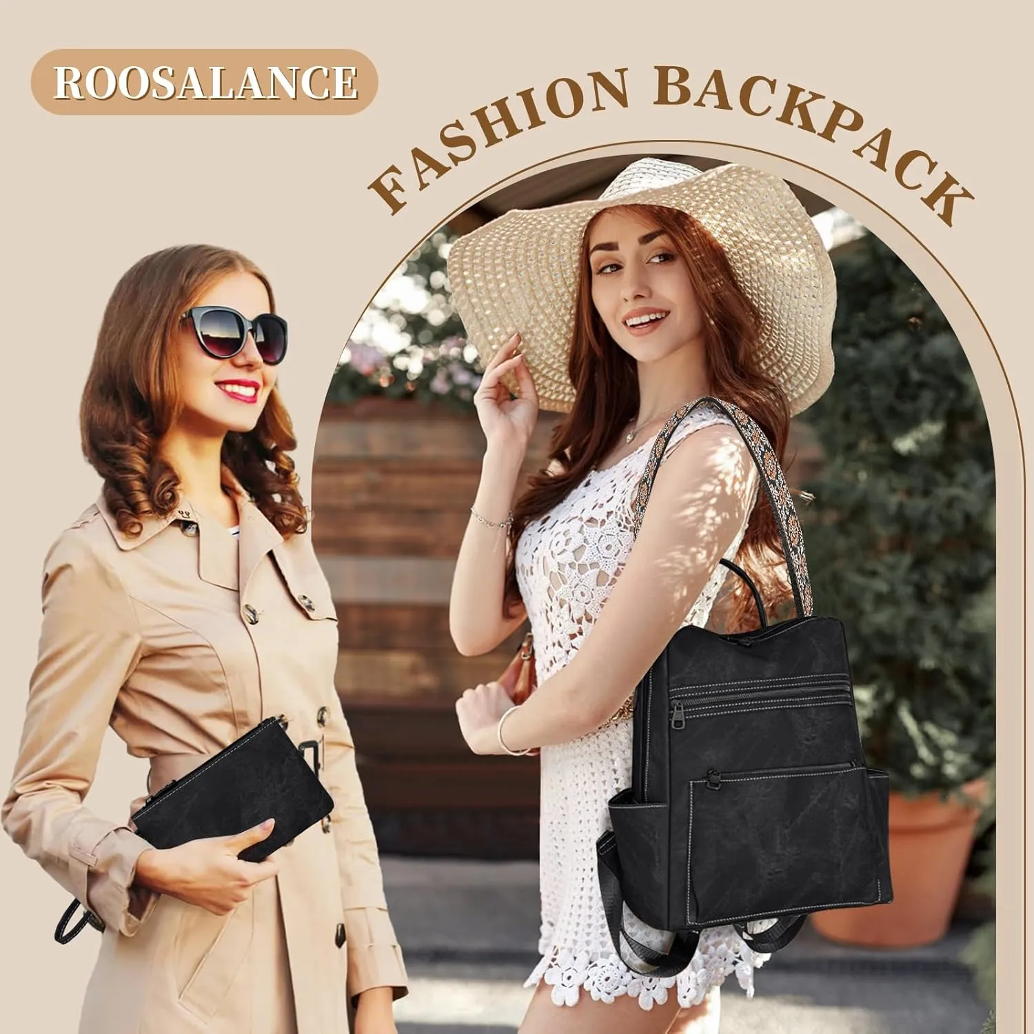 Backpack Purse for Women, PU Leather Backpack Purse, Waterproof Anti-Theft Women Back pack, Fashion Multi-Pocket Travel Backpack Shoulder Bag Handbag With Clutch, Black