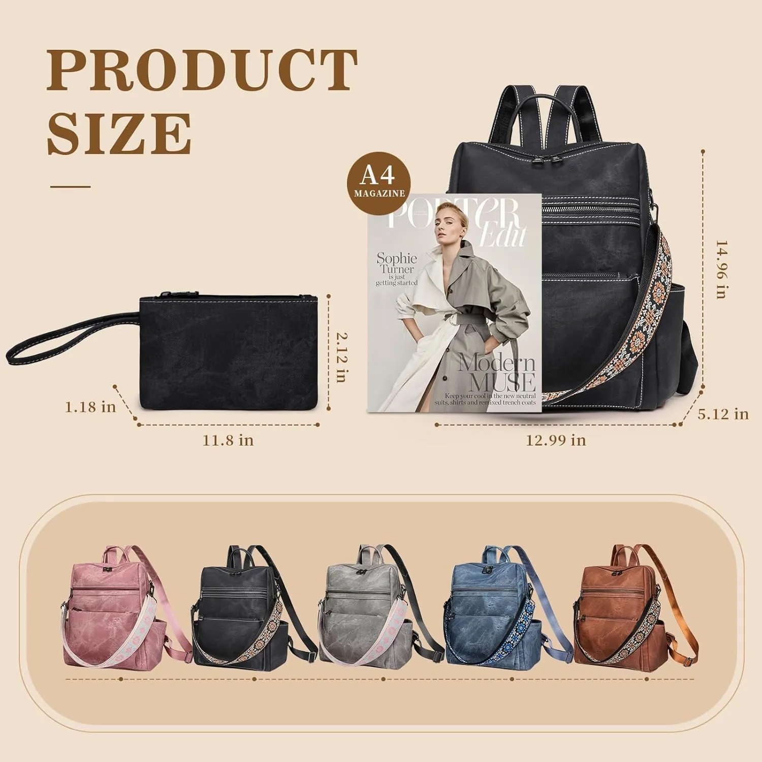 Backpack Purse for Women, PU Leather Backpack Purse, Waterproof Anti-Theft Women Back pack, Fashion Multi-Pocket Travel Backpack Shoulder Bag Handbag With Clutch, Black