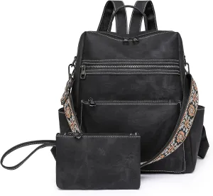 Backpack Purse for Women, PU Leather Backpack Purse, Waterproof Anti-Theft Women Back pack, Fashion Multi-Pocket Travel Backpack Shoulder Bag Handbag With Clutch, Black