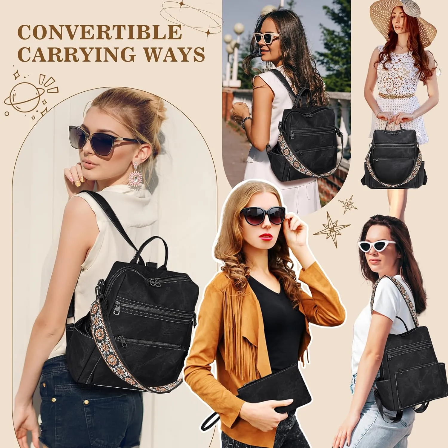 Backpack Purse for Women, PU Leather Backpack Purse, Waterproof Anti-Theft Women Back pack, Fashion Multi-Pocket Travel Backpack Shoulder Bag Handbag With Clutch, Black