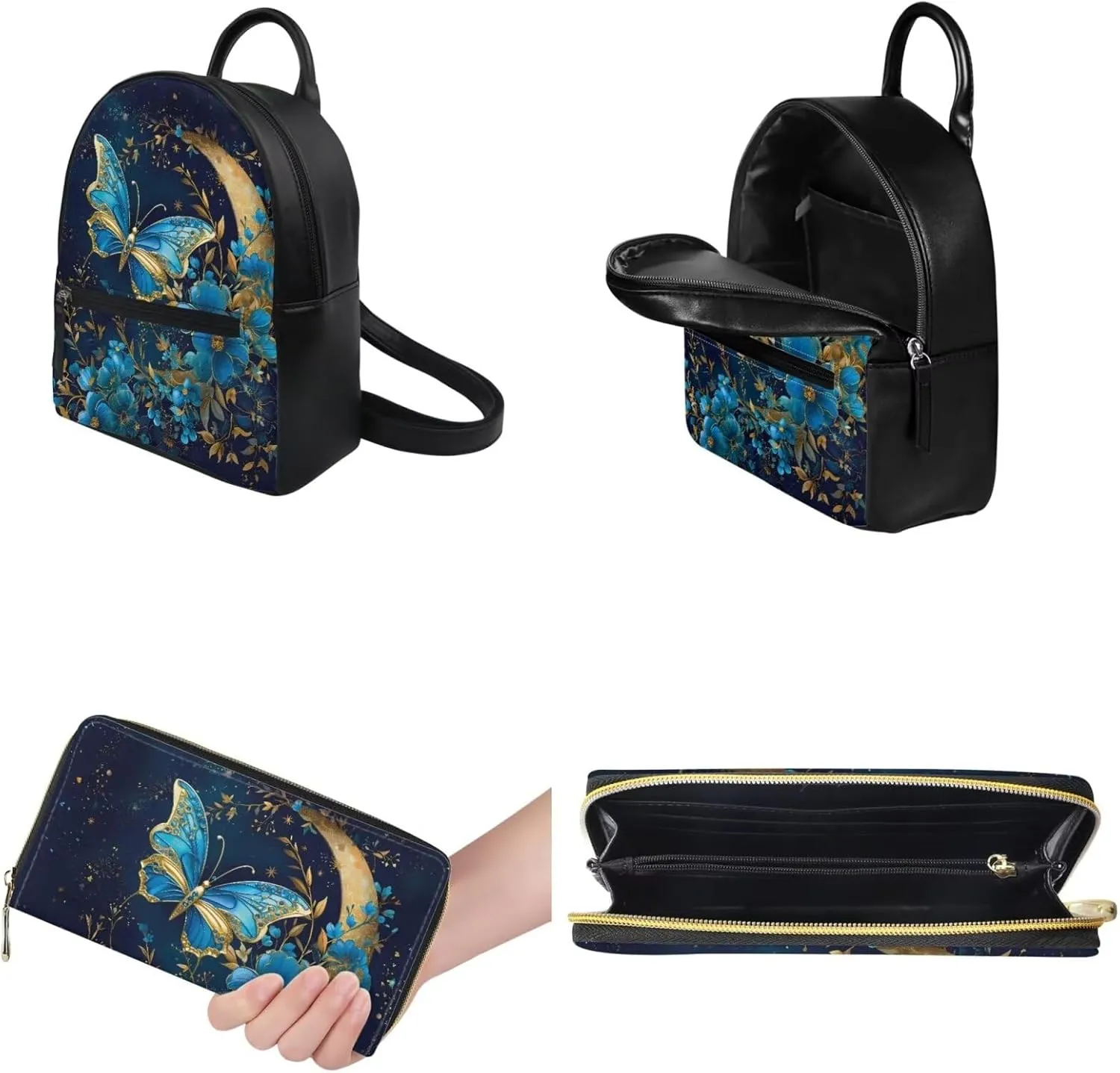 Backpack Women Purse, Ladies Wallet Handbag, Mini Backpack Waterproof Daypack Rucksack Aesthetic Real Littles Backpack, Blue Butterfly Golden Moon Print