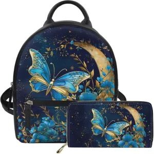Backpack Women Purse, Ladies Wallet Handbag, Mini Backpack Waterproof Daypack Rucksack Aesthetic Real Littles Backpack, Blue Butterfly Golden Moon Print