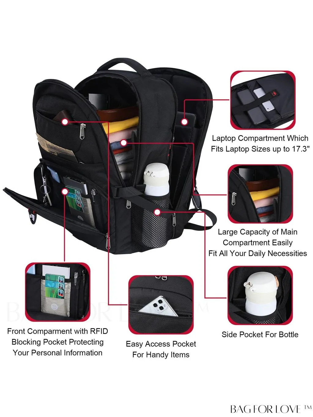 BagForLove - 17-Inch TSA-Friendly Laptop Backpack: Waterproof, USB Charging, RFID Blocking - Ideal for Travel & Business