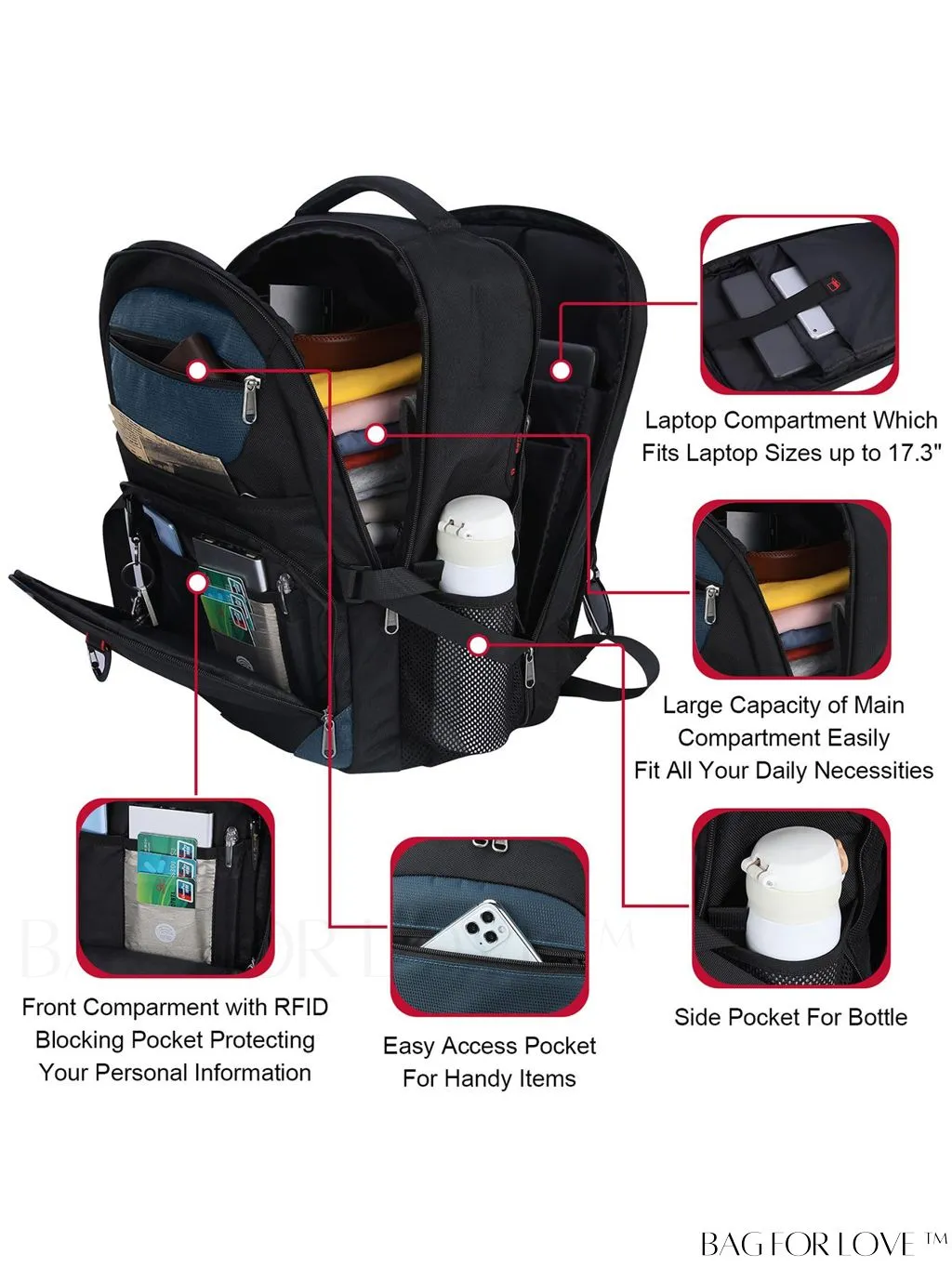 BagForLove - 17-inch TSA Friendly Laptop Backpack: Waterproof, USB Charging, RFID Blocking - Ideal for Travel & Business