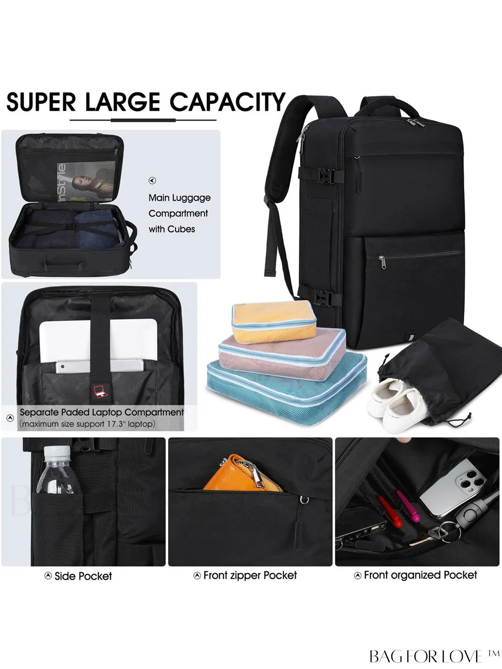 BagForLove - 40L Waterproof Carry-on Travel Backpack - Ideal for Men and Women, Fits 17 Inch Laptop