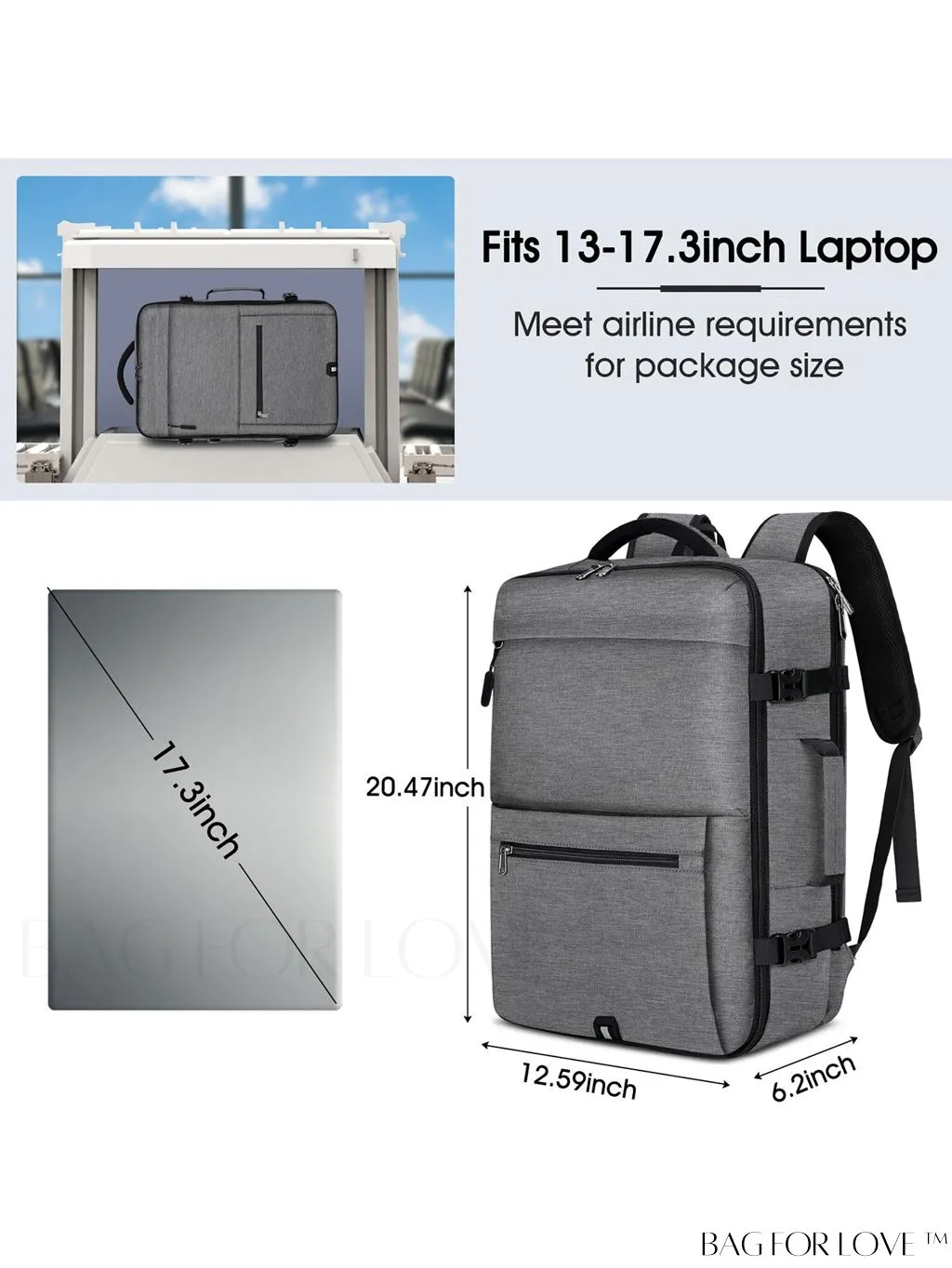 BagForLove - 40L Waterproof Carry-on Travel Backpack - Ideal for Men and Women, Fits 17 Inch Laptop