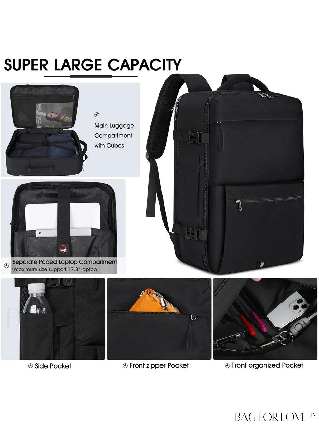 BagForLove - 40L Waterproof Carry-on Travel Backpack - Ideal for Men and Women, Fits 17 Inch Laptop