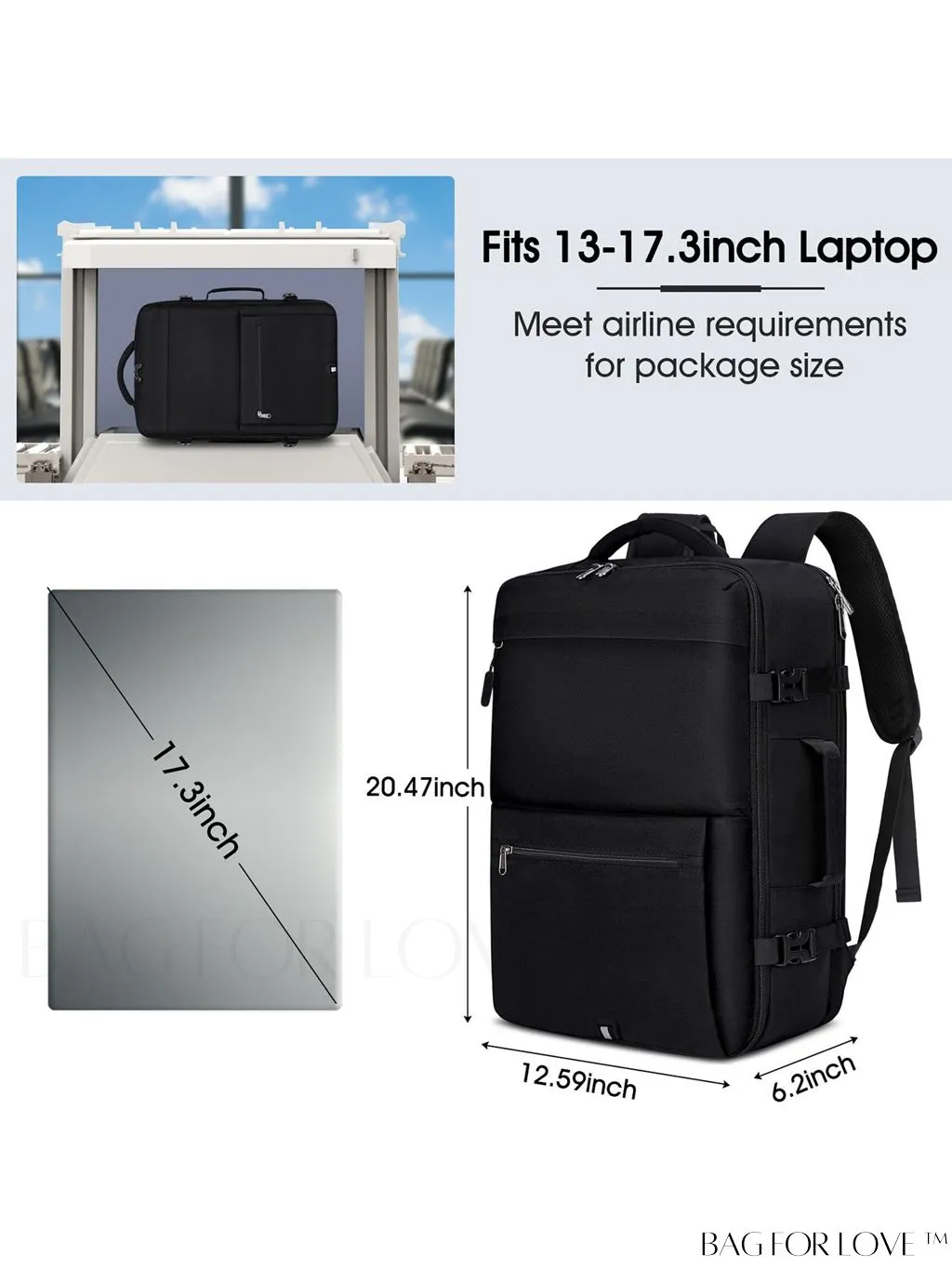 BagForLove - 40L Waterproof Carry-on Travel Backpack - Ideal for Men and Women, Fits 17 Inch Laptop