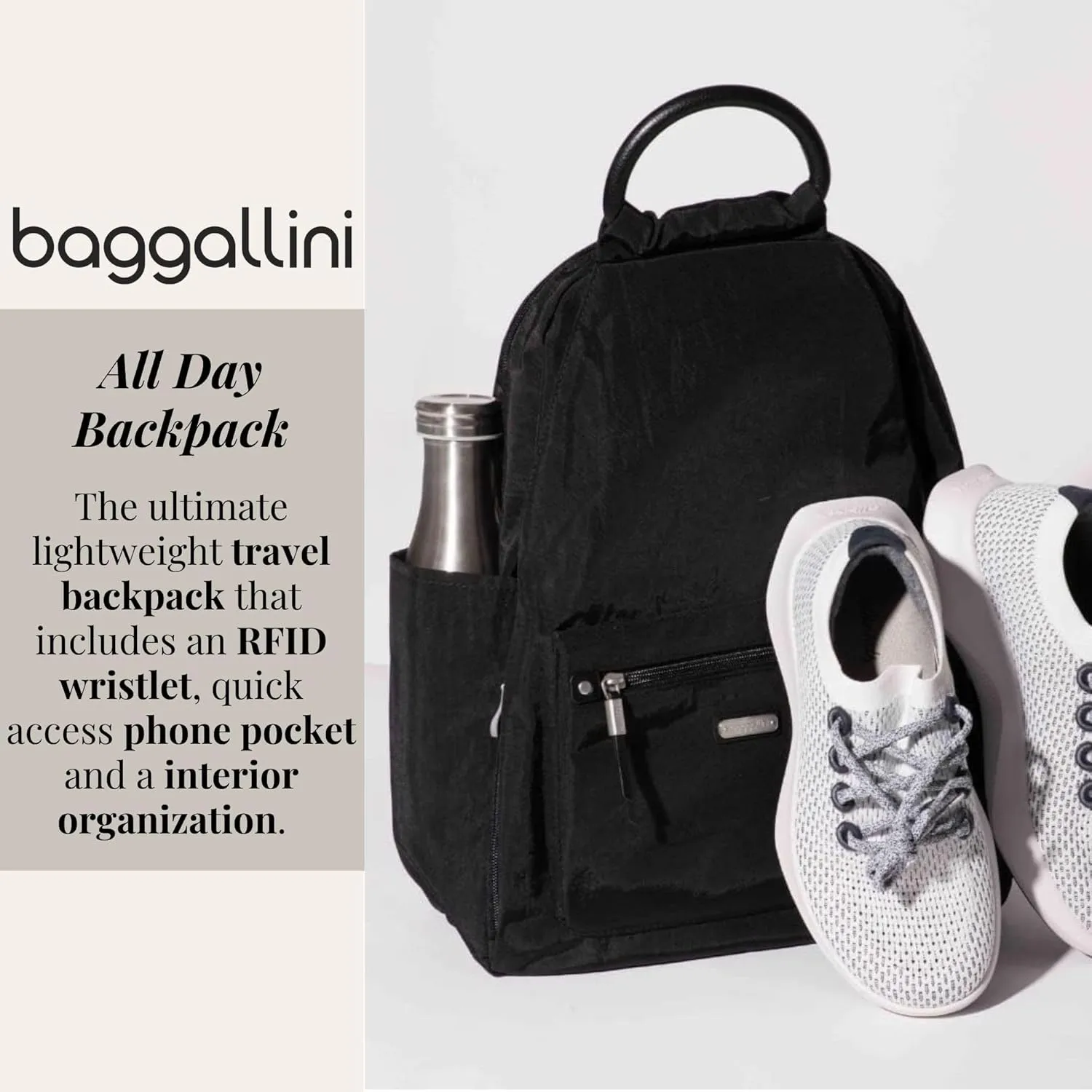 Baggallini All Day Backpack with RFID Phone Wristlet - Lightweight Travel Backpack for Women