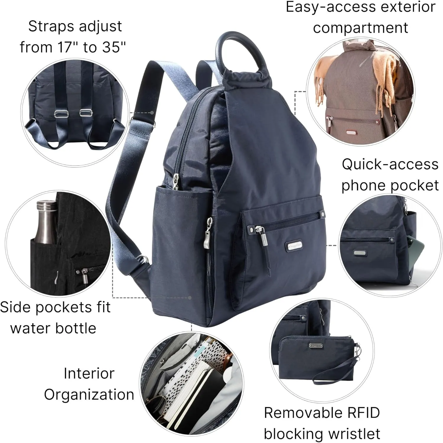 Baggallini All Day Backpack with RFID Phone Wristlet - Lightweight Travel Backpack for Women