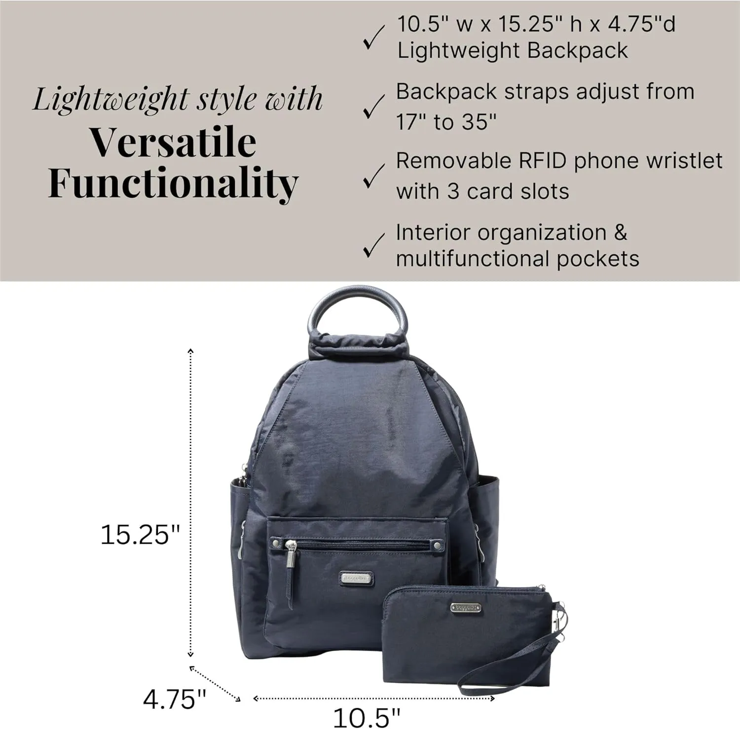 Baggallini All Day Backpack with RFID Phone Wristlet - Lightweight Travel Backpack for Women