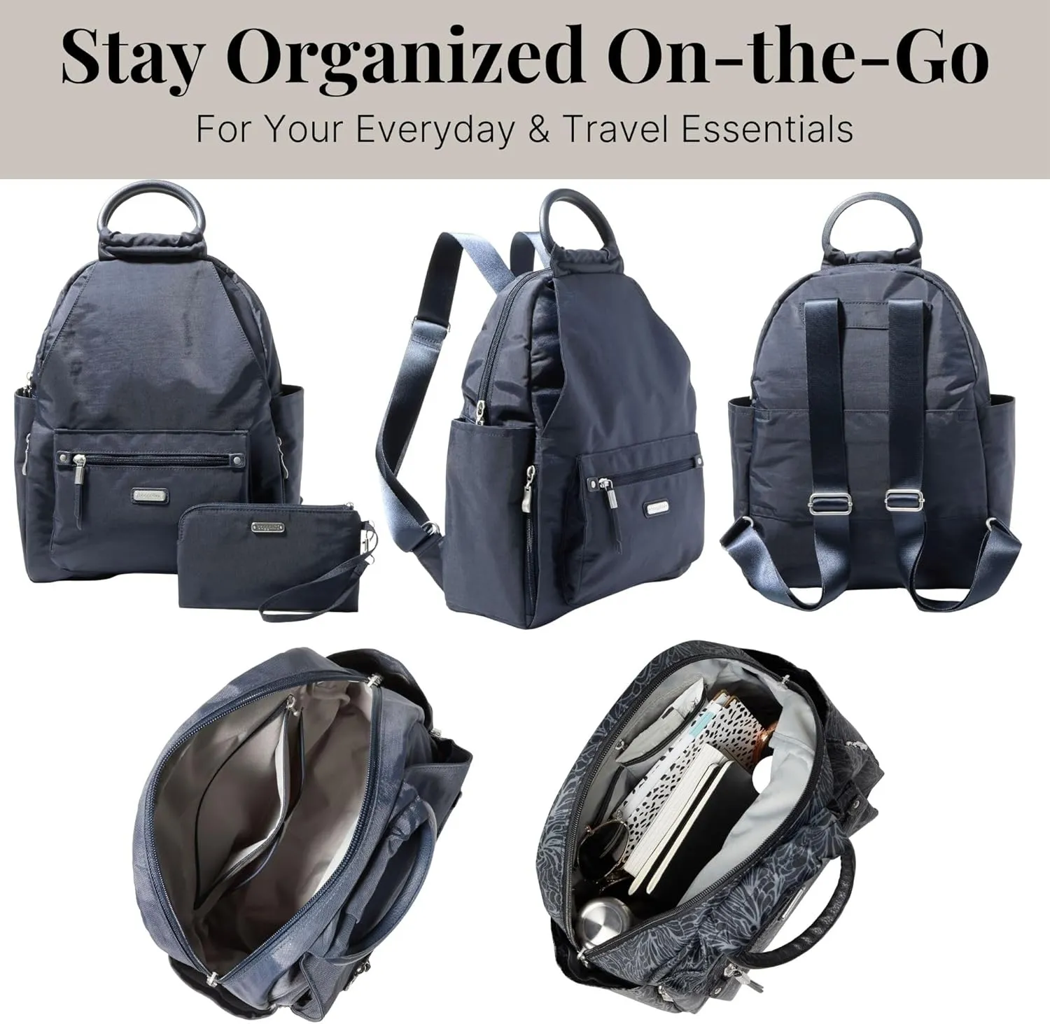 Baggallini All Day Backpack with RFID Phone Wristlet - Lightweight Travel Backpack for Women