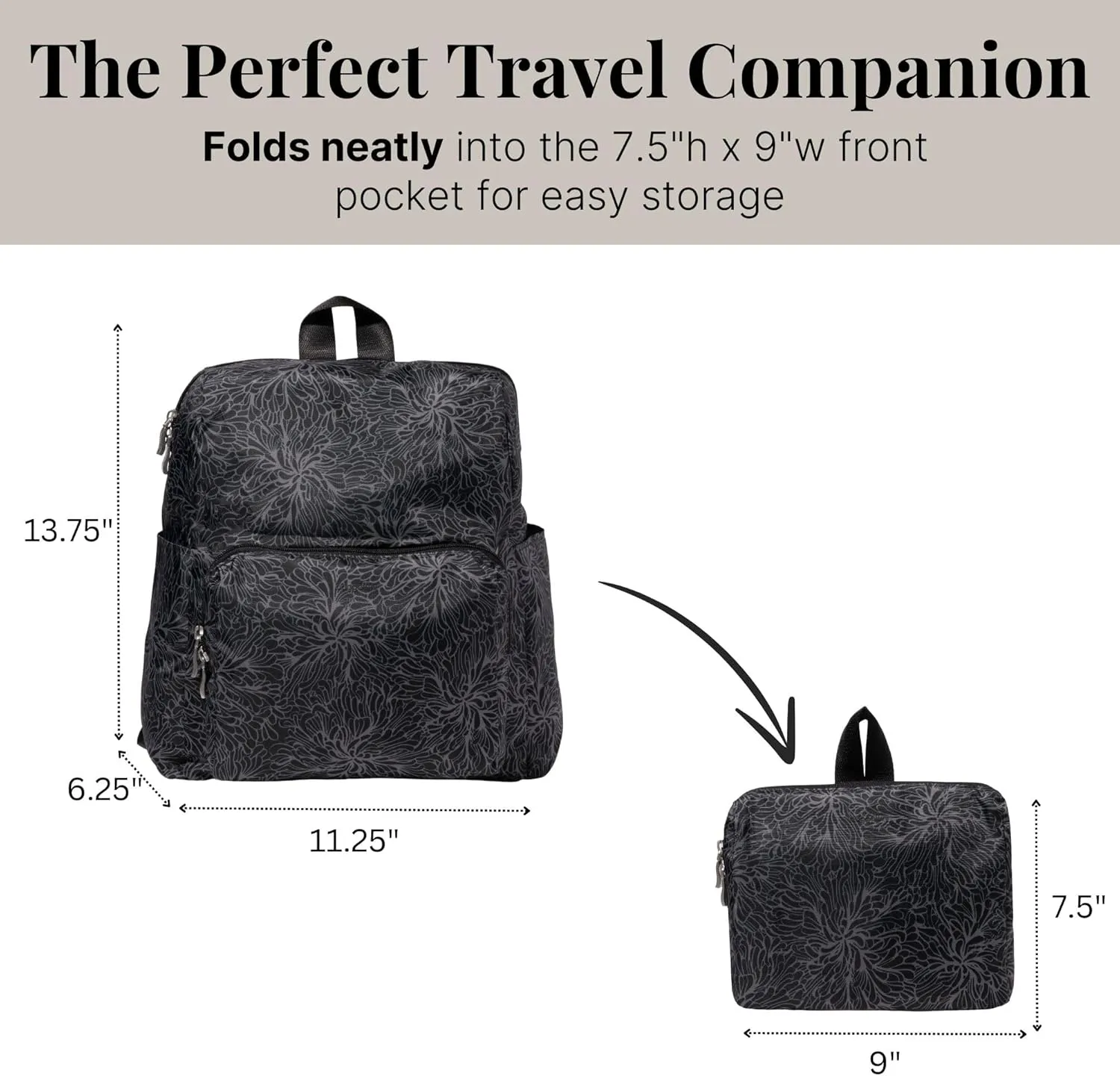 Baggallini Women's Carryall Packable Backpack, Midnight Blossom