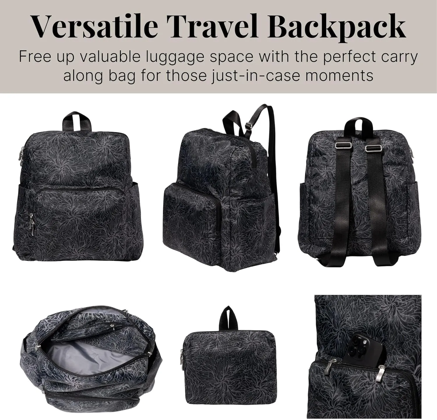 Baggallini Women's Carryall Packable Backpack, Midnight Blossom