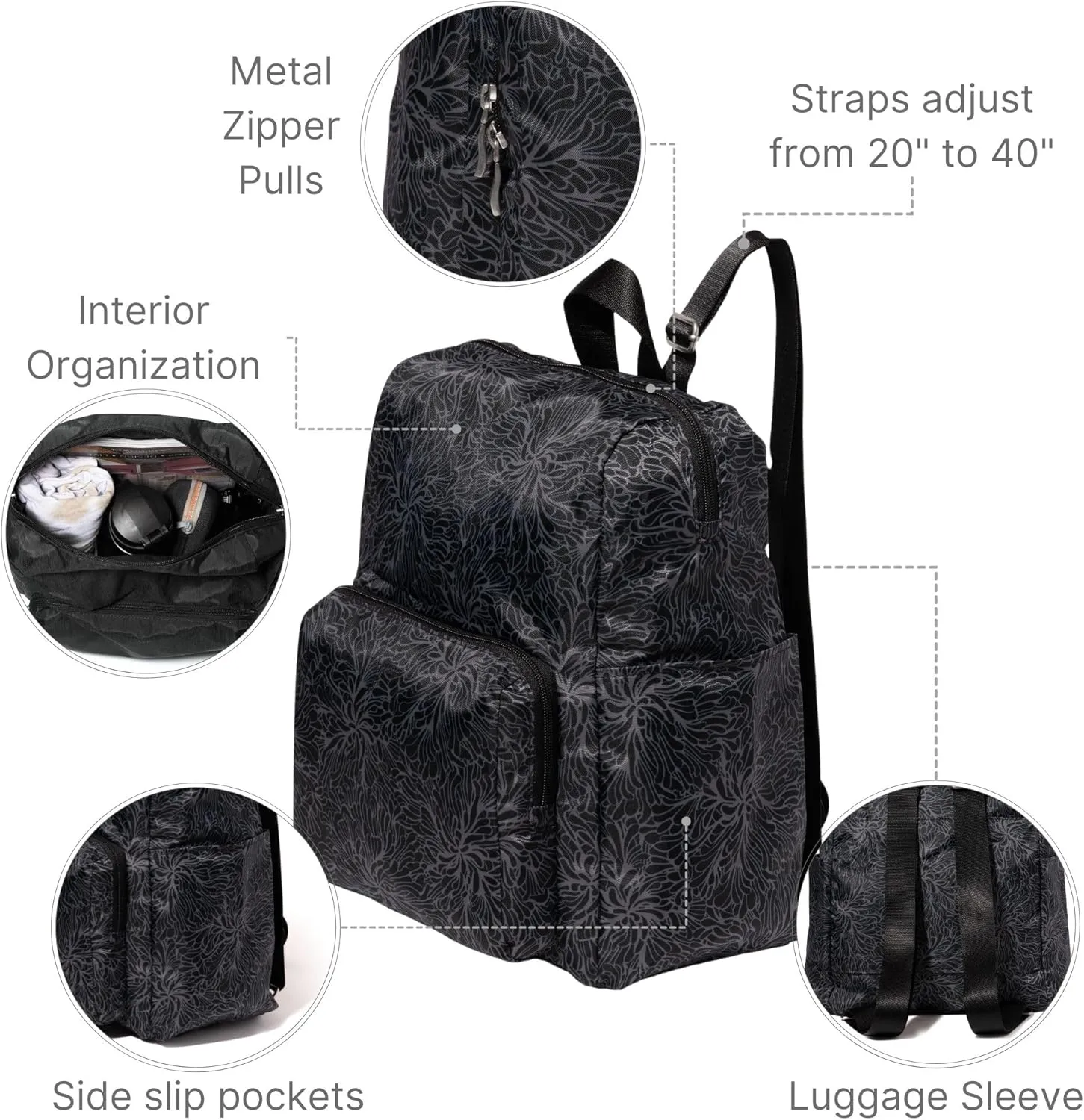 Baggallini Women's Carryall Packable Backpack, Midnight Blossom