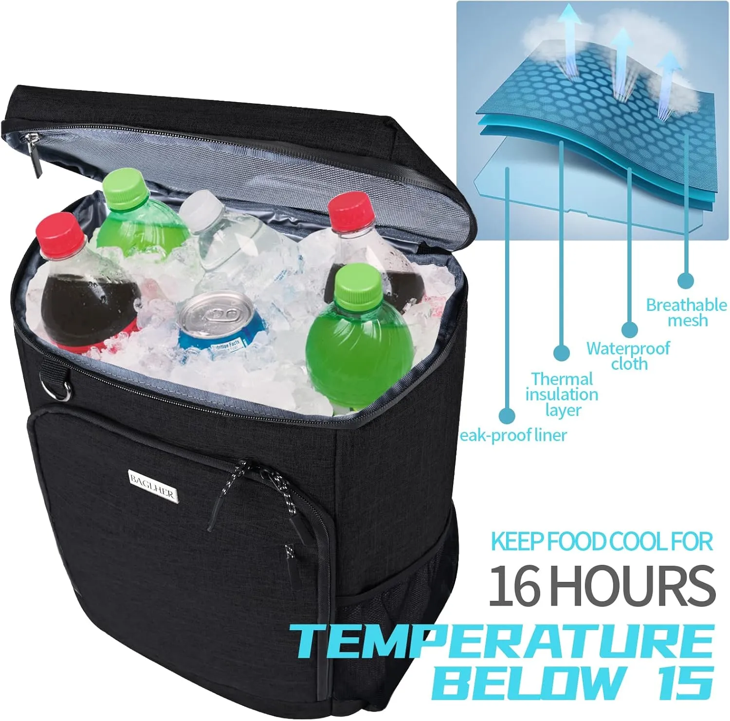 BAGLHER Cooler Backpack, Leakproof 30 Cans Backpack Cooler Insulated Soft Cooler Bag, Lightweight 25L Lunch Box Backpack Cooler Bag for Men Women Adult Camping