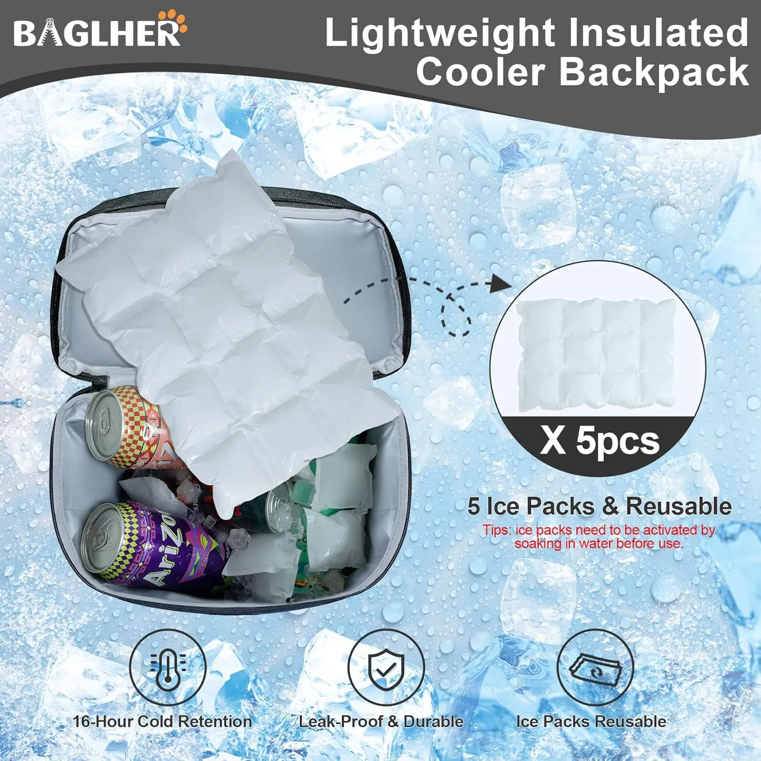 BAGLHER Lightweight Insulated Cooler Backpack - 30 Cans, Leak-Proof for Lunch, Picnic, Hiking, Camping Trips