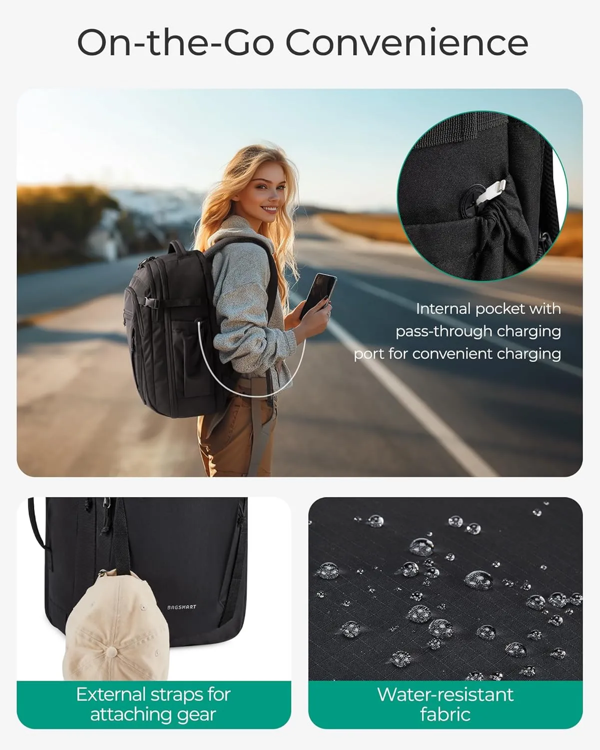 BAGSMART Travel Backpack for Men Women, Carry On Backpack Flight Approved TSA Friendly with USB Charging Hole Lightweight Weekender Bag Casual Daypack 17.3 Inch Laptop Business Work Backpack, Black