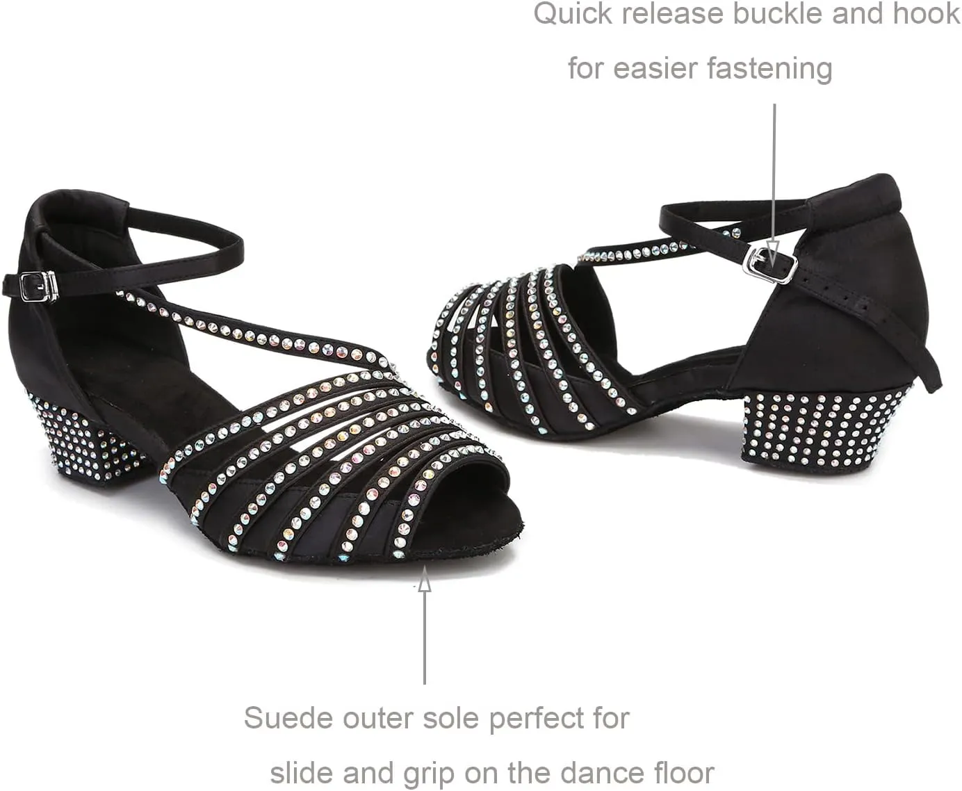 Ballroom Dance Shoes Women Salsa Latin Practice Dancing Shoes, Rhinestone Wedding Low Heel Dance Shoes, Comfortable and Sparkle Dance Heels