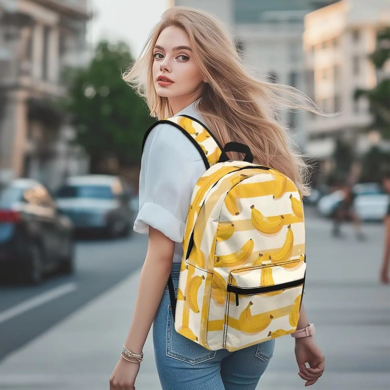 Banana Stripe Women Mens Lightweight Travel Backpack Fashion Style with Side and Front Pockets Large 15in Laptop Backpack for Office Outdoor Activities
