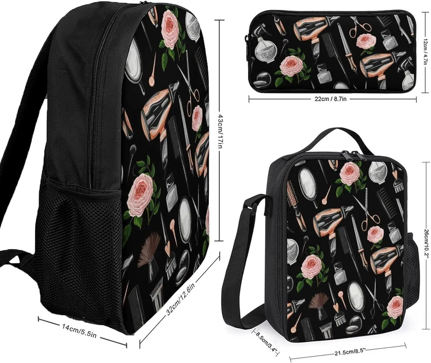 Barber Scissors Comb Shoulder Backpack Diagonal Lunch Bag Pencil Case Set