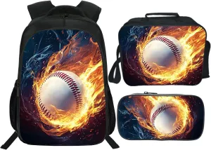 Baseball Backpack Kids Sports Bookbag 16inch Schoolbag With Lunch Box Bag And Pencil Case Set For Boys Girls