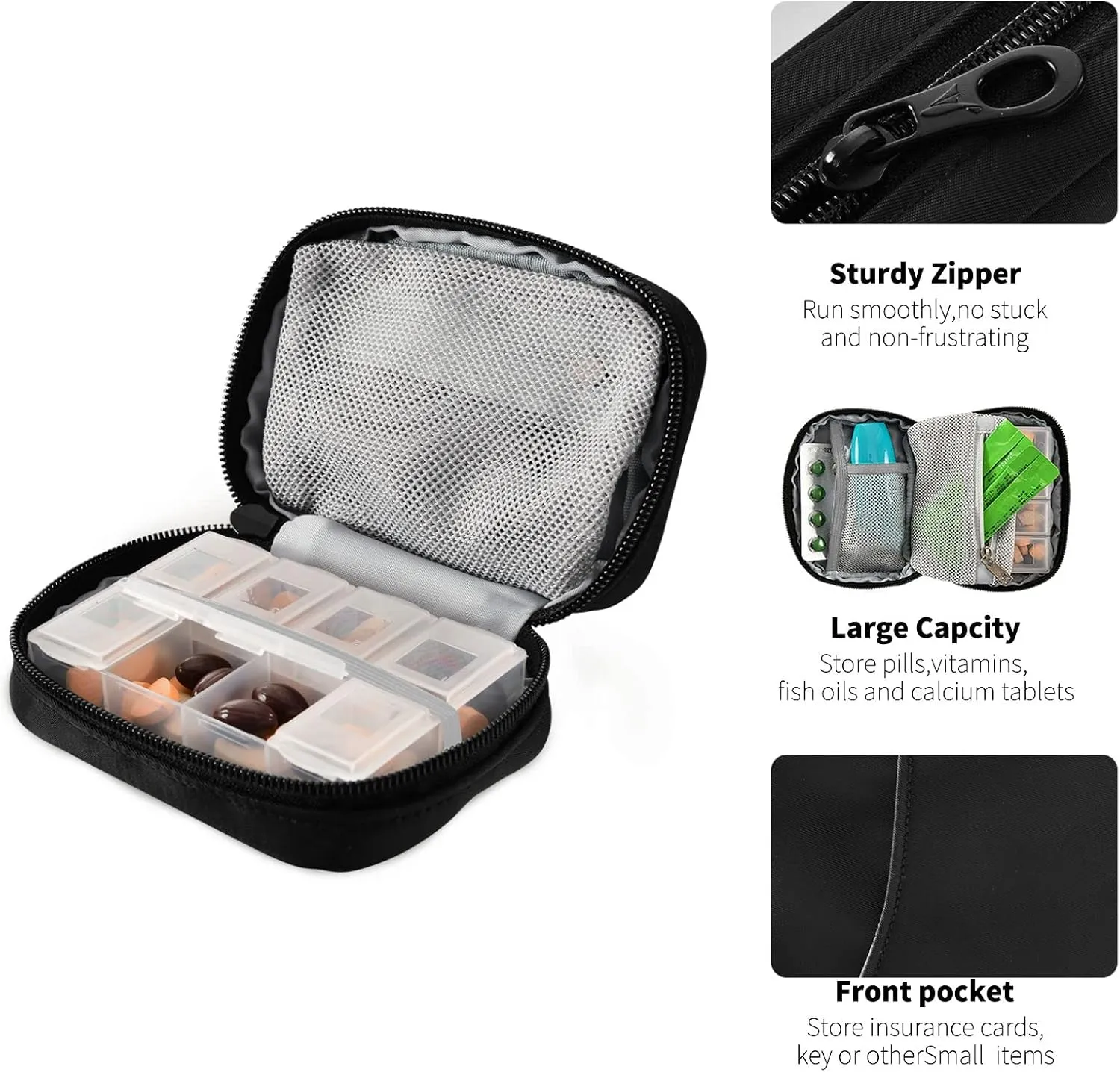 Basic Travel Pill Case 7 Day Pill Organizer Black Pill Case Portable Weekly Pill Box Bag Container Vitamin Supplement Holder with Zipper for Family Business