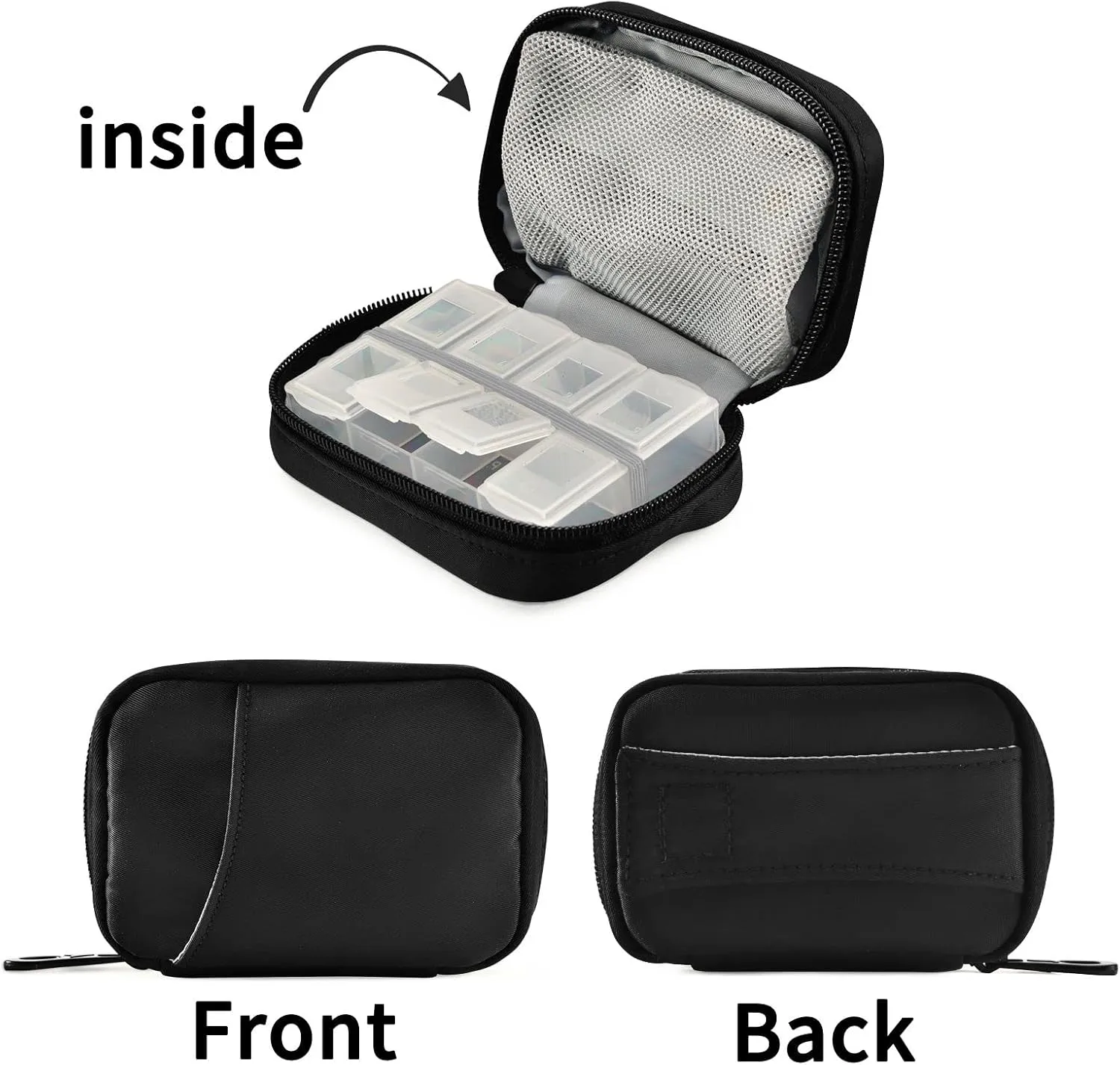 Basic Travel Pill Case 7 Day Pill Organizer Black Pill Case Portable Weekly Pill Box Bag Container Vitamin Supplement Holder with Zipper for Family Business