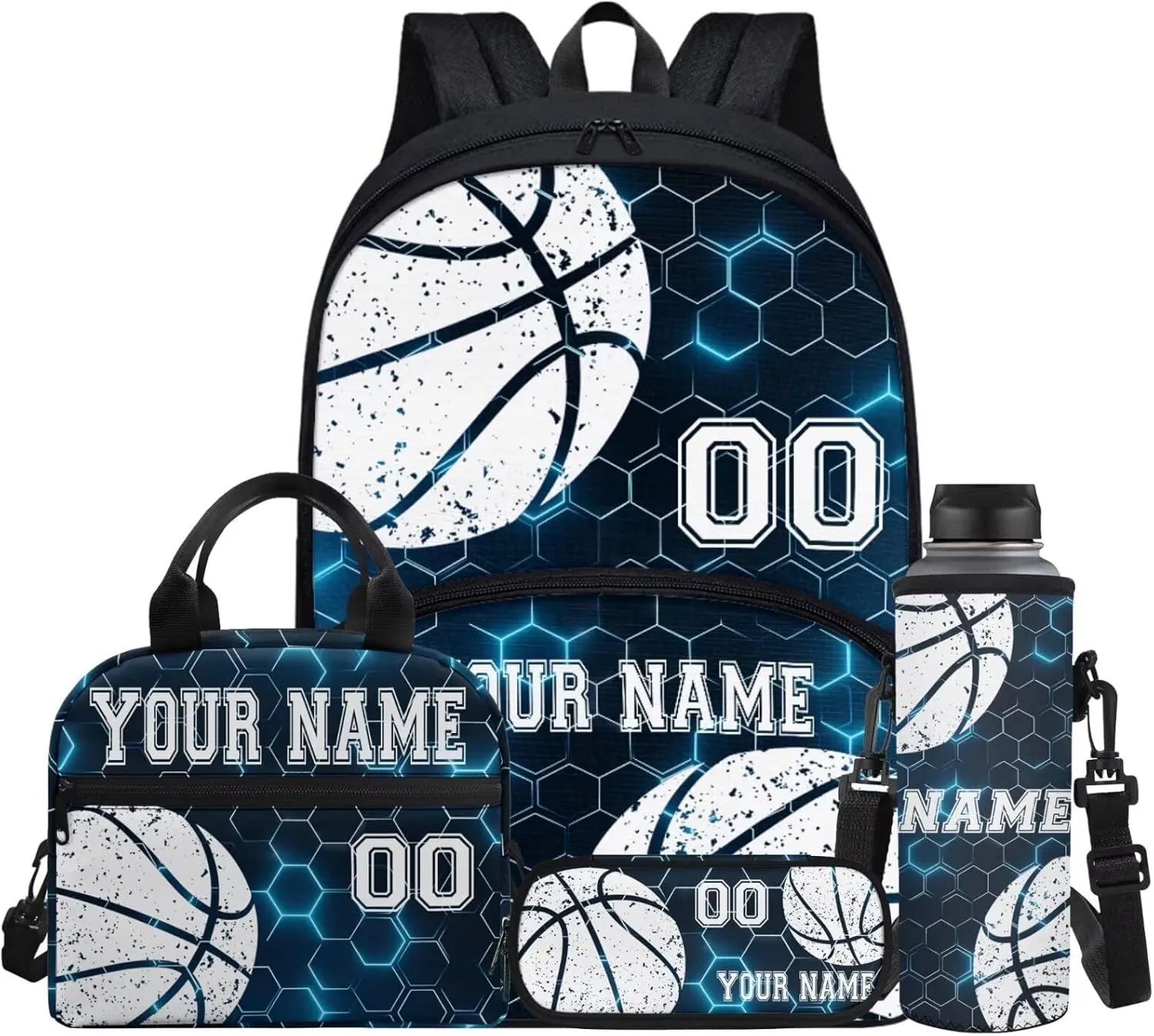 Basketball Ball Blue Hexagonal Grid Kid Customize School Backpack for Boy Girl Hiking Backpack Water-Resistant Laptop Book Lunch Bag Daypack Knapsack Rucksack Pen Case Water Bottle Bag