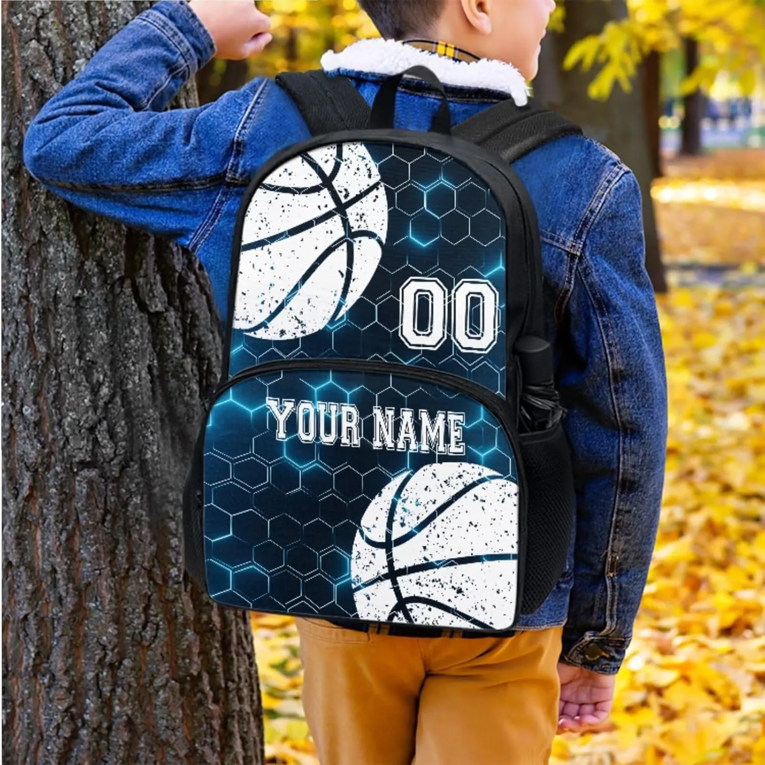Basketball Ball Blue Hexagonal Grid Kid Customize School Backpack for Boy Girl Hiking Backpack Water-Resistant Laptop Book Lunch Bag Daypack Knapsack Rucksack Pen Case Water Bottle Bag