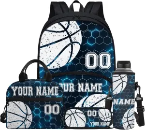 Basketball Ball Blue Hexagonal Grid Kid Customize School Backpack for Boy Girl Hiking Backpack Water-Resistant Laptop Book Lunch Bag Daypack Knapsack Rucksack Pen Case Water Bottle Bag