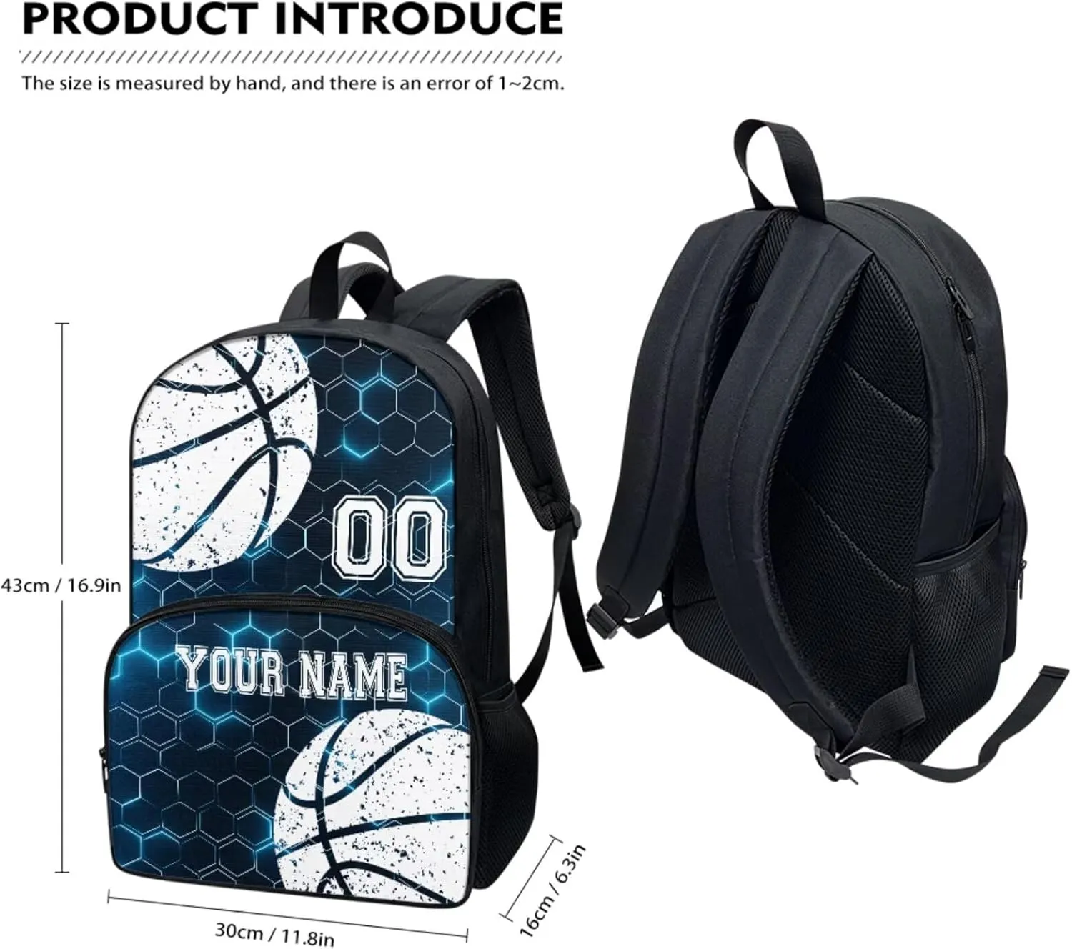 Basketball Ball Blue Hexagonal Grid Kid Customize School Backpack for Boy Girl Hiking Backpack Water-Resistant Laptop Book Lunch Bag Daypack Knapsack Rucksack Pen Case Water Bottle Bag